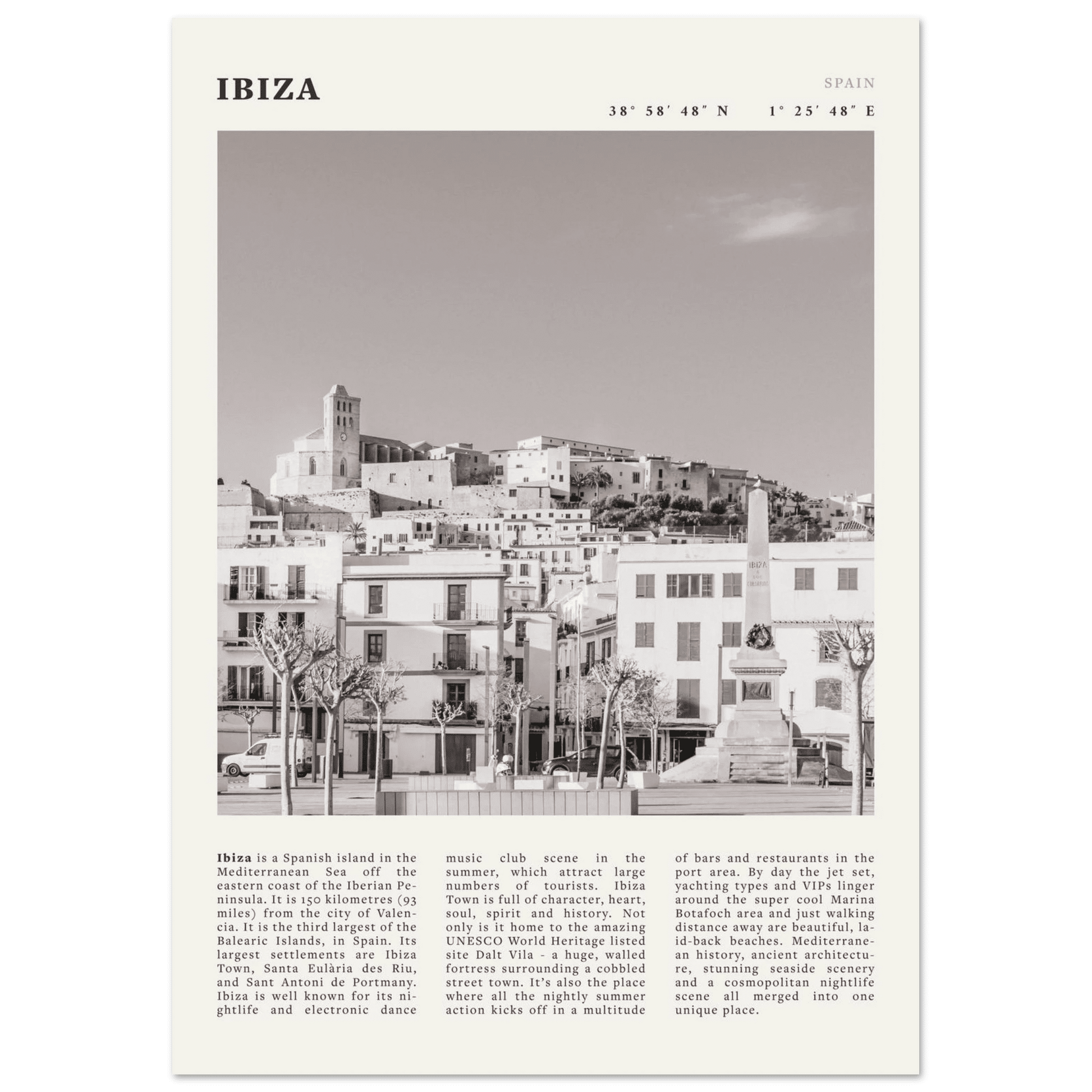 Ibiza Poster | Black & White Spanish Island Wall Art | Spain Travel Print - Evergreen Posters