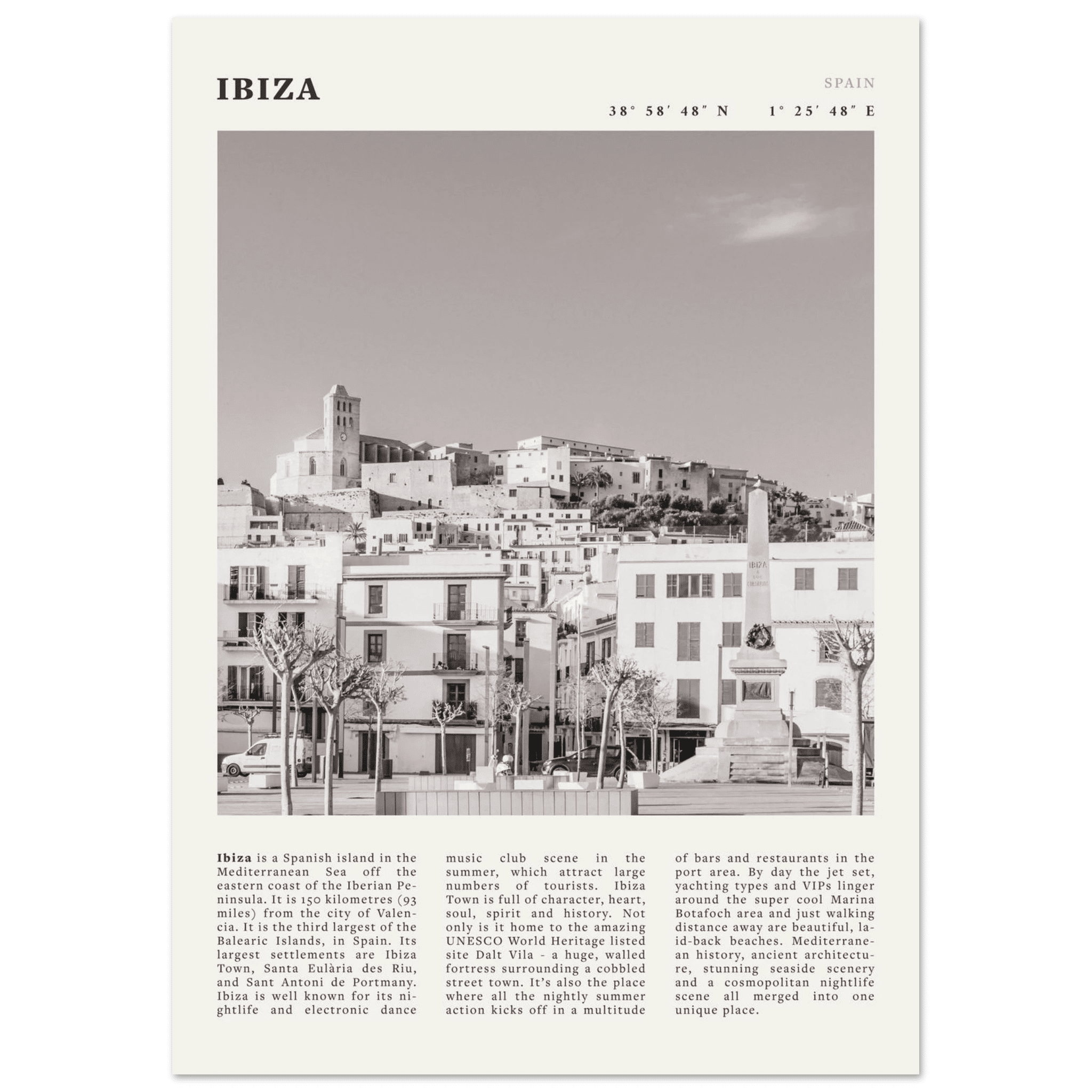 Ibiza Poster | Black & White Spanish Island Wall Art | Spain Travel Print - Evergreen Posters
