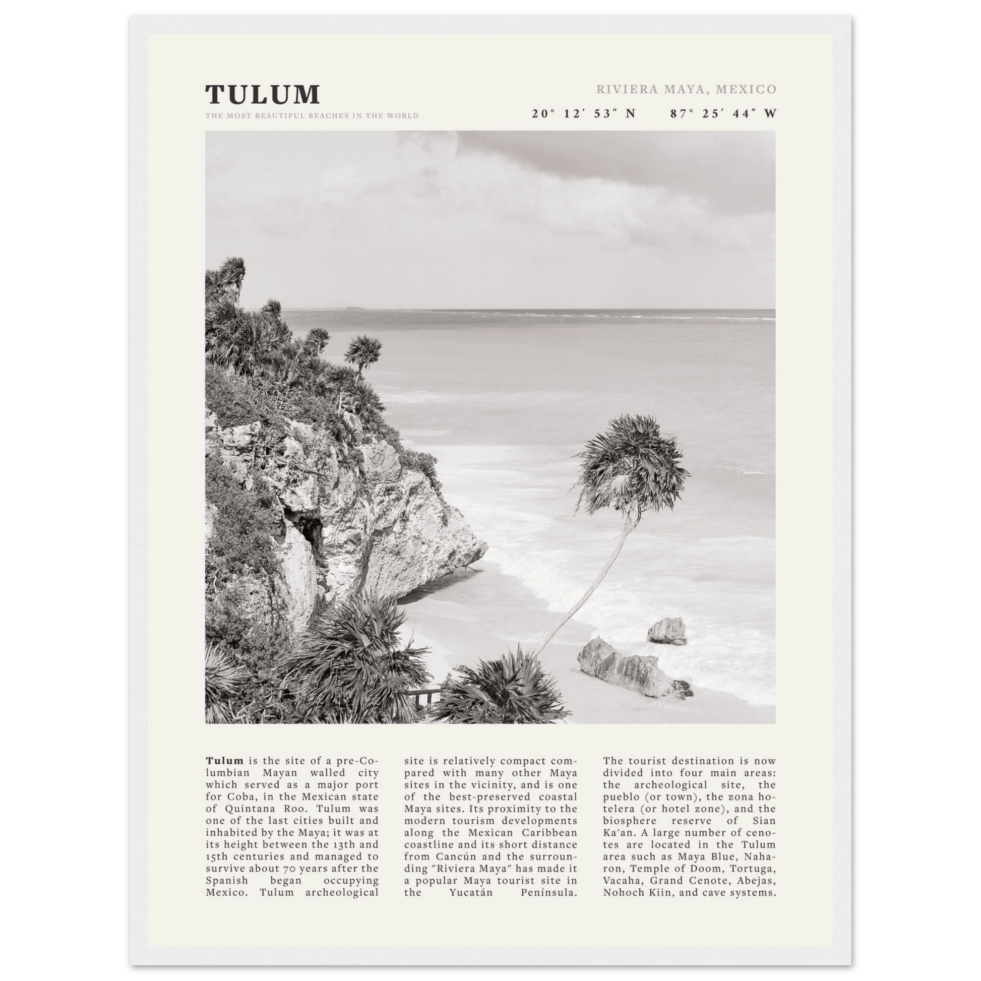 Tulum Poster | Black & White Riviera Maya Mexico Wall Art | Beach Travel Print - Evergreen Posters