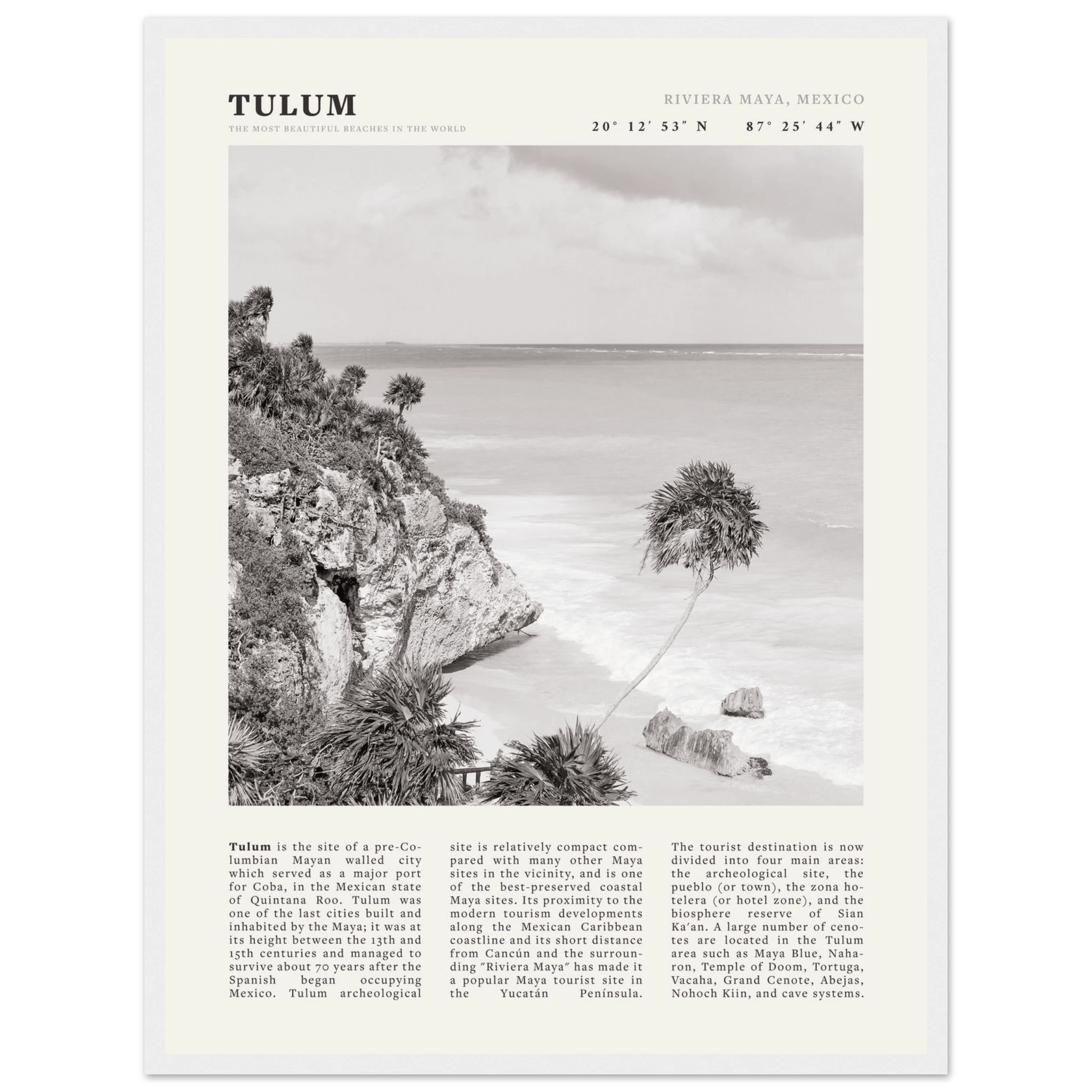 Tulum Poster | Black & White Riviera Maya Mexico Wall Art | Beach Travel Print - Evergreen Posters