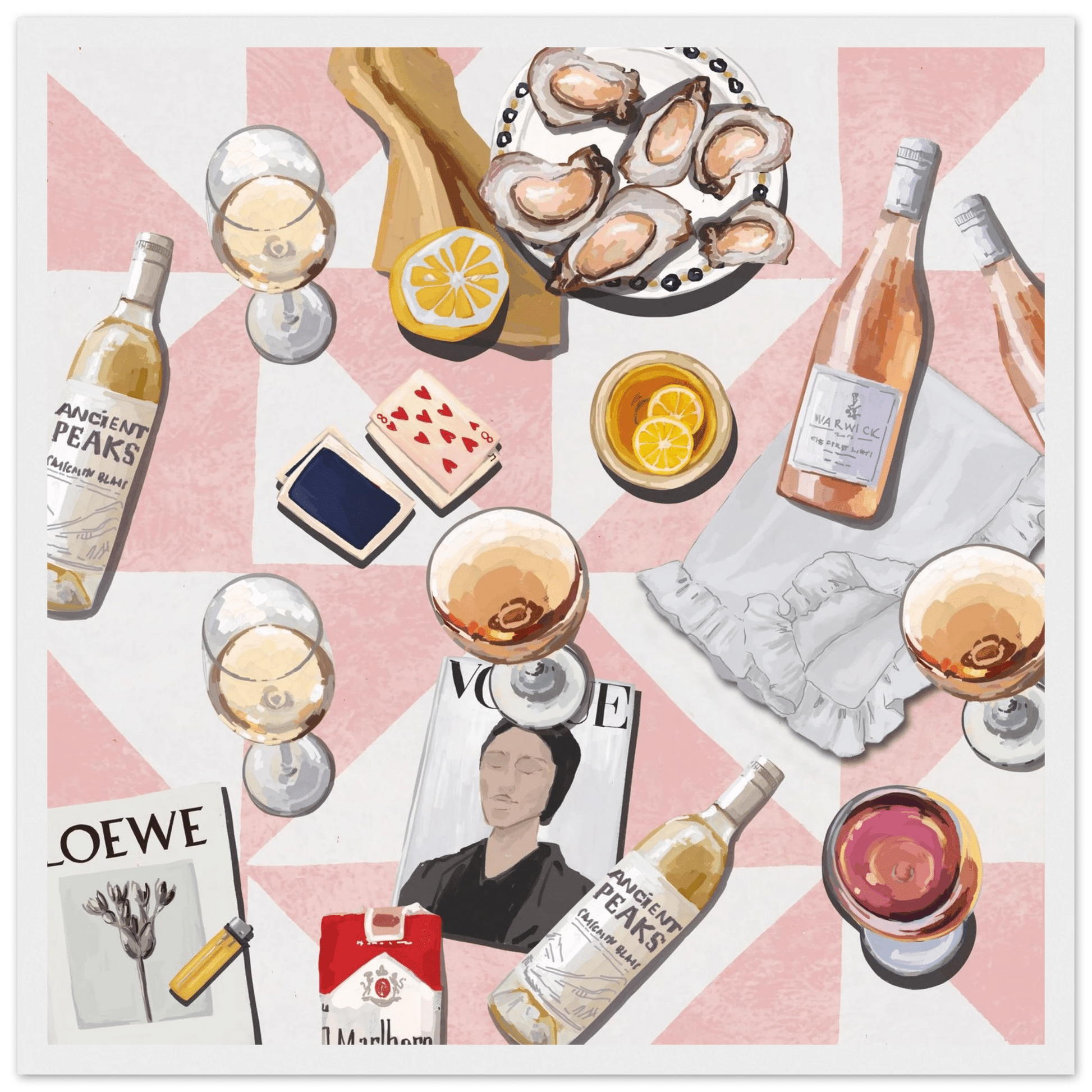 Vogue Oysters & Rosé Poster | Dopamine Decor Luxury Wall Art | Pink Tile Square Print - Evergreen Posters