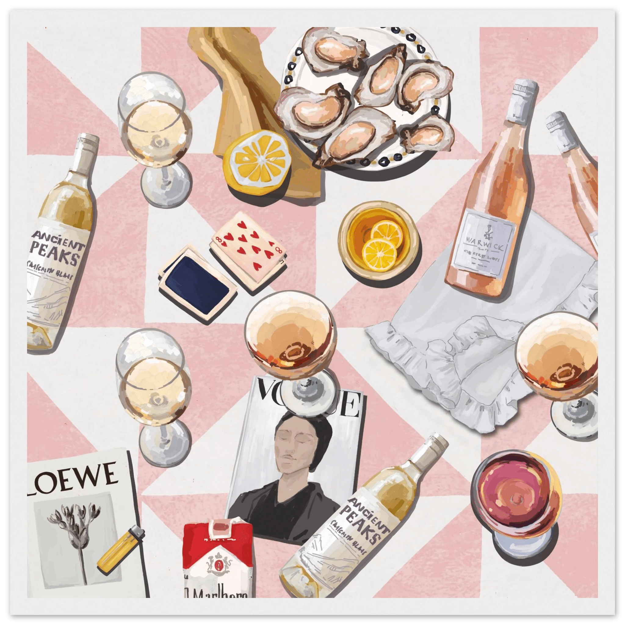 Vogue Oysters & Rosé Poster | Dopamine Decor Luxury Wall Art | Pink Tile Square Print - Evergreen Posters