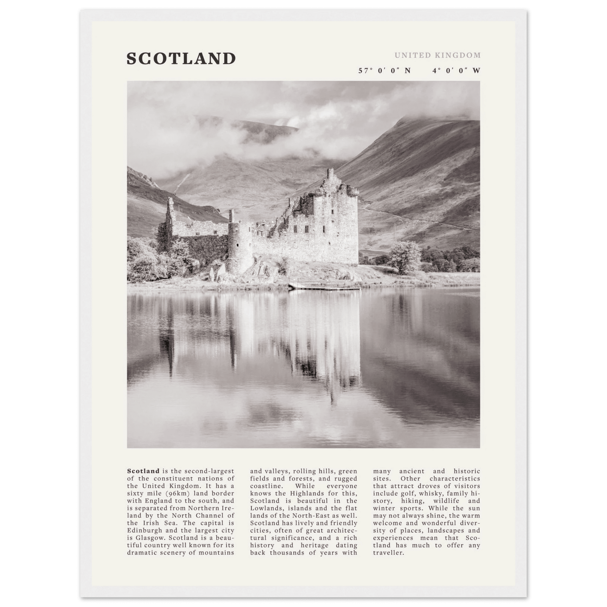 Scotland Poster | Black & White Highland Castle Wall Art | UK Travel Print Decor - Evergreen Posters