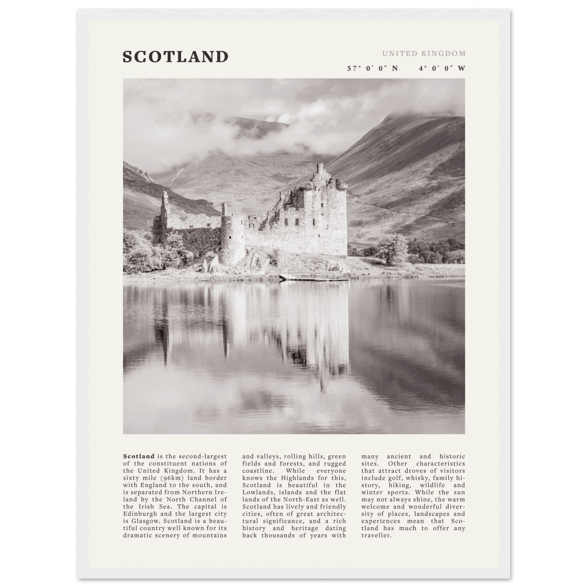 Scotland Poster | Black & White Highland Castle Wall Art | UK Travel Print Decor - Evergreen Posters
