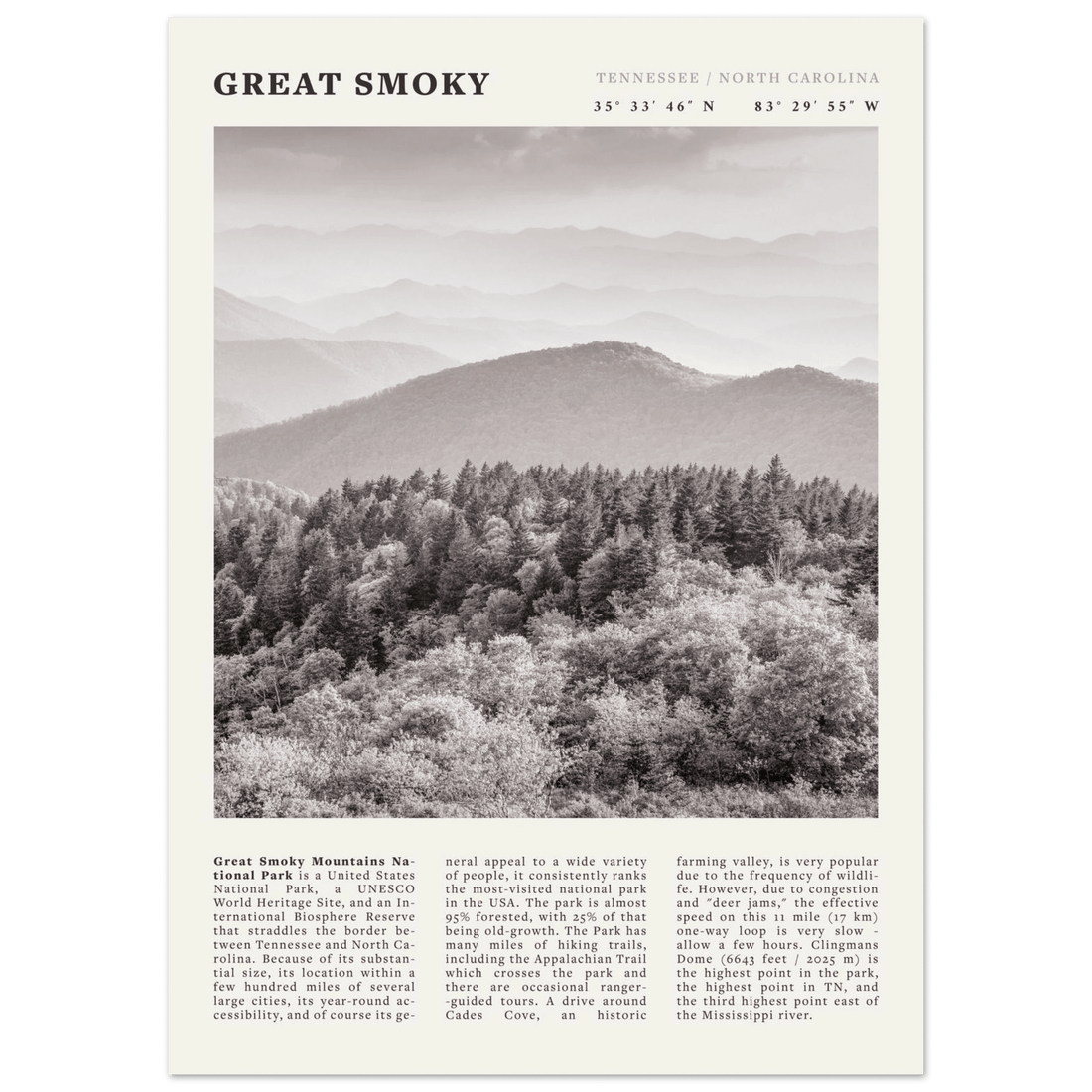 Great Smoky Mountains Poster | Black & White National Park Wall Art | Tennessee Print - Evergreen Posters