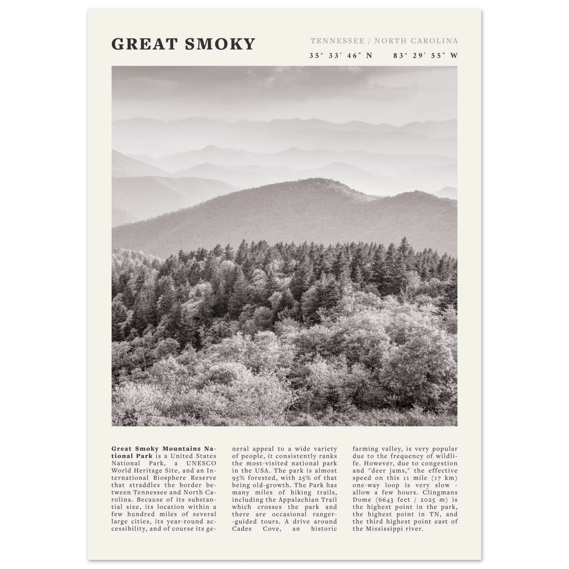 Great Smoky Mountains Poster | Black & White National Park Wall Art | Tennessee Print - Evergreen Posters
