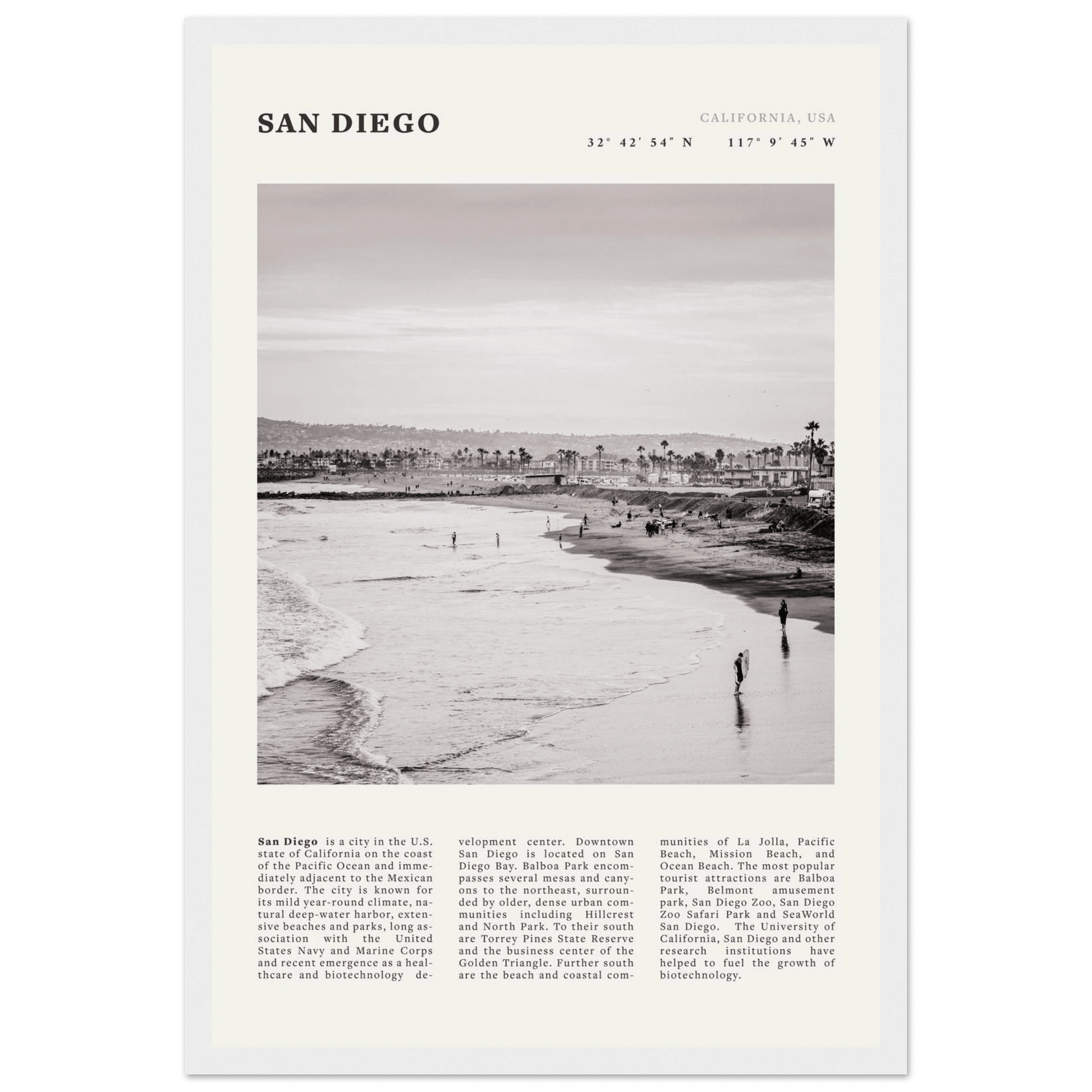 San Diego Poster | Black & White California Beach Wall Art | Coastal Travel Print Decor - Evergreen Posters