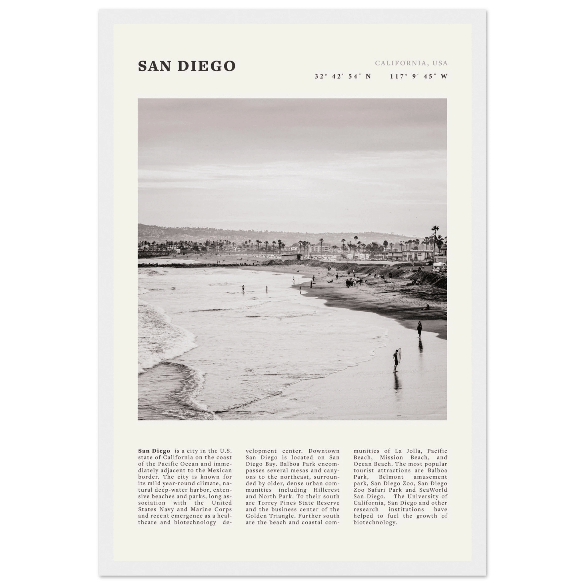 San Diego Poster | Black & White California Beach Wall Art | Coastal Travel Print Decor - Evergreen Posters