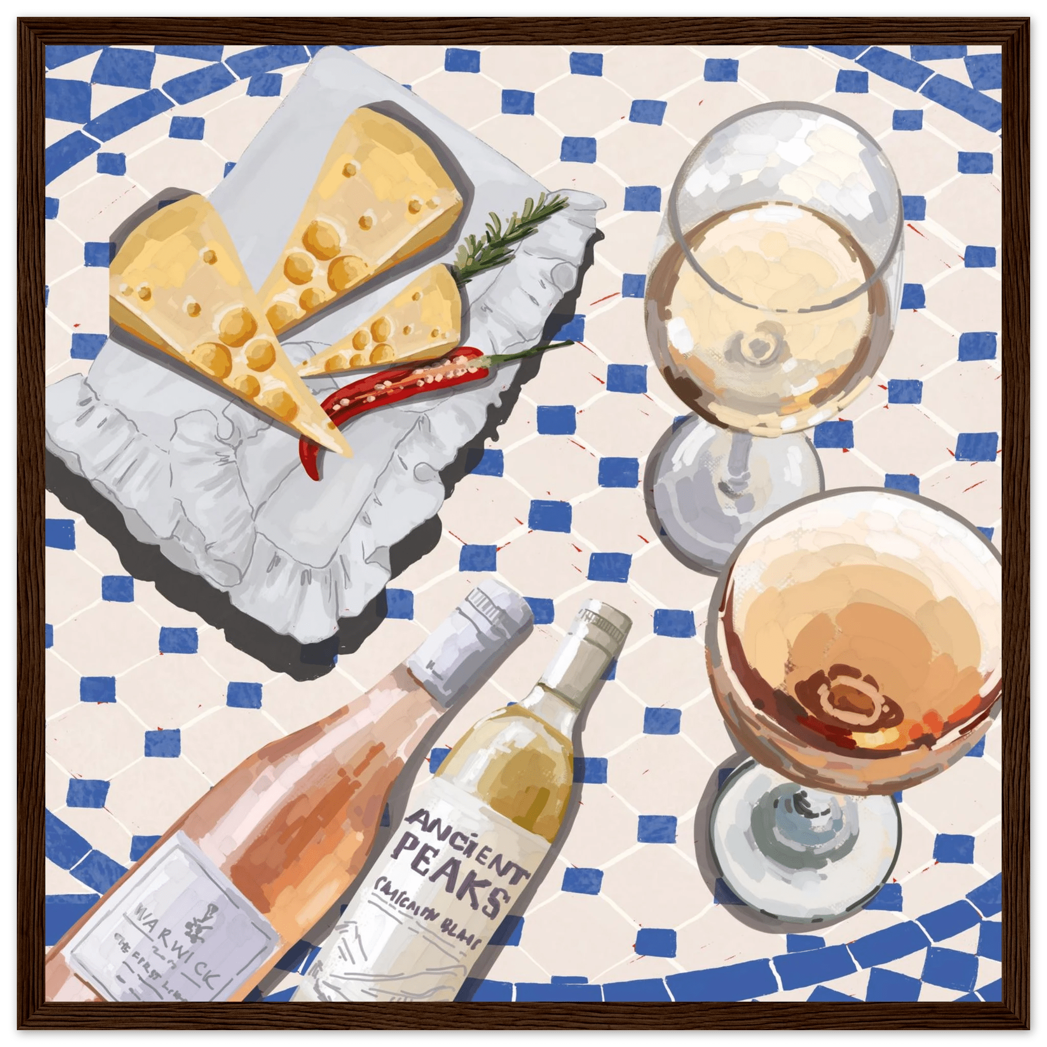 Wine & Cheese Poster | Food Wall Art | Blue Tile Square Kitchen Print - Evergreen Posters - 6