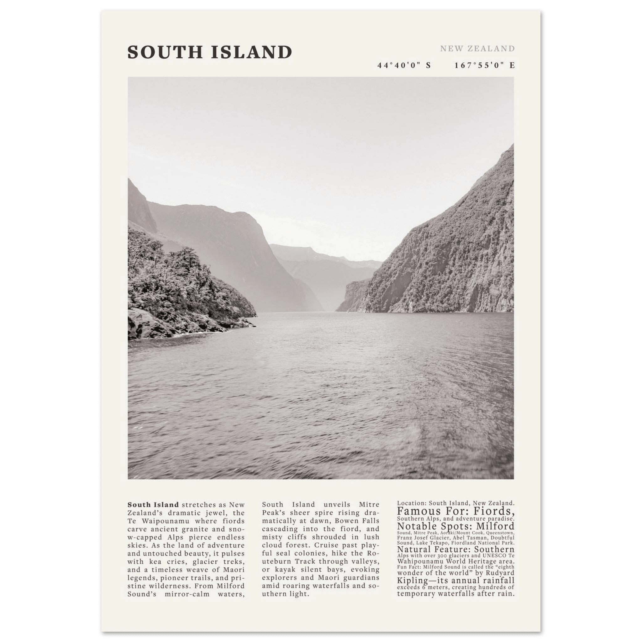 South Island New Zealand Poster Black and White – Vintage Milford Sound Fjord Print - Evergreen Posters