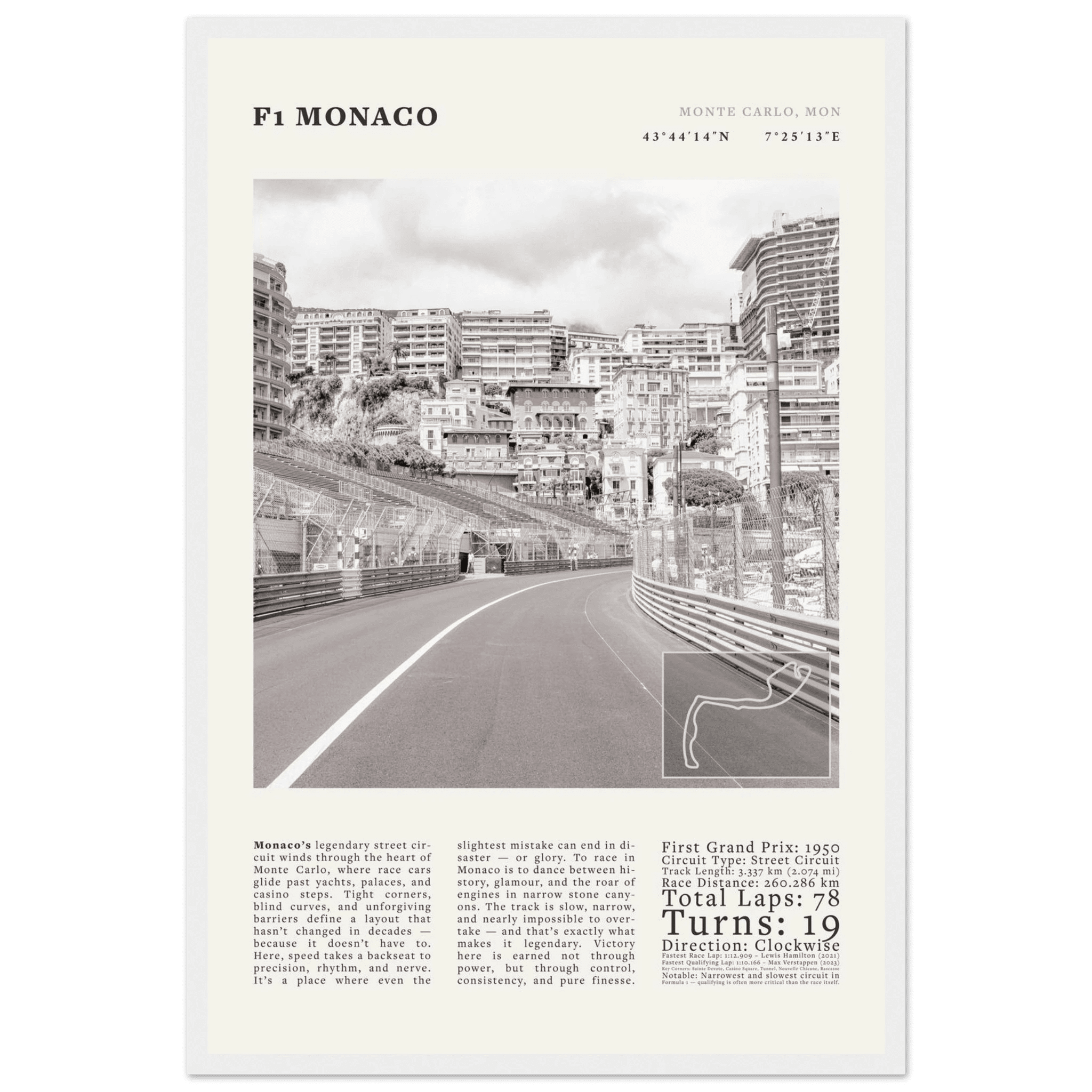 F1 Monaco Poster Black and White – Vintage Monte Carlo Street Circuit Print (Digital & Printed Options) - Evergreen Posters