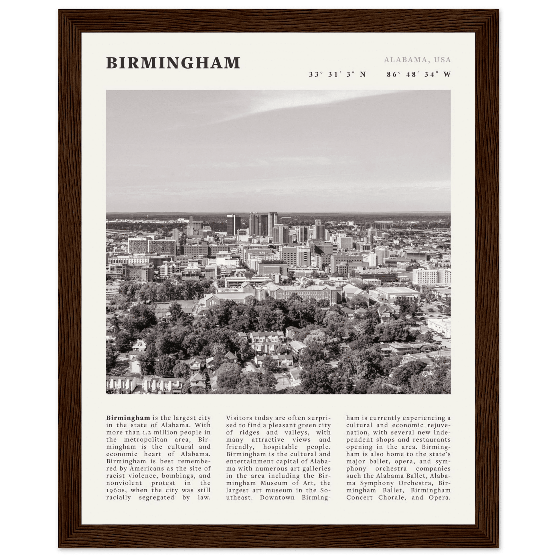 Birmingham Poster | Black & White Alabama Skyline Wall Art | AL Travel Print - Evergreen Posters