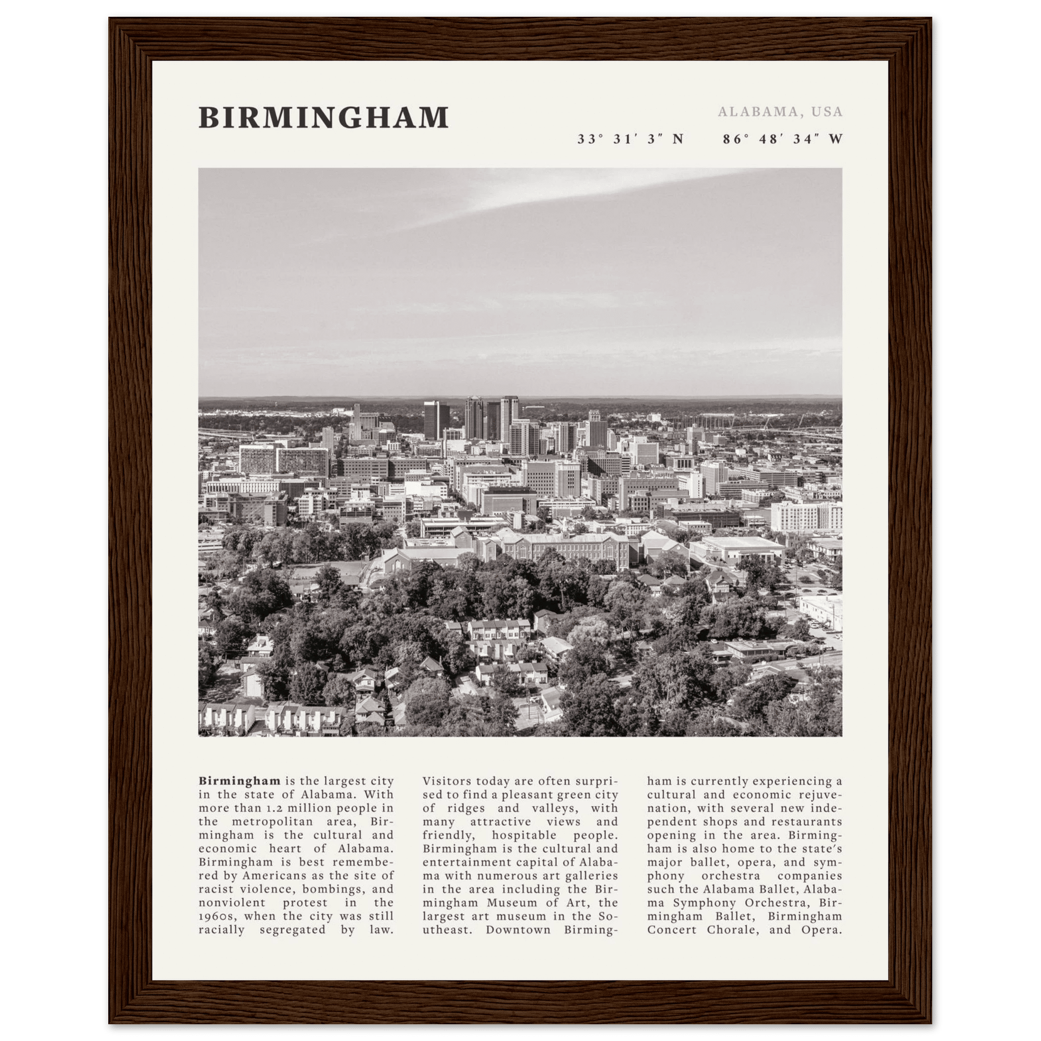 Birmingham Poster | Black & White Alabama Skyline Wall Art | AL Travel Print - Evergreen Posters