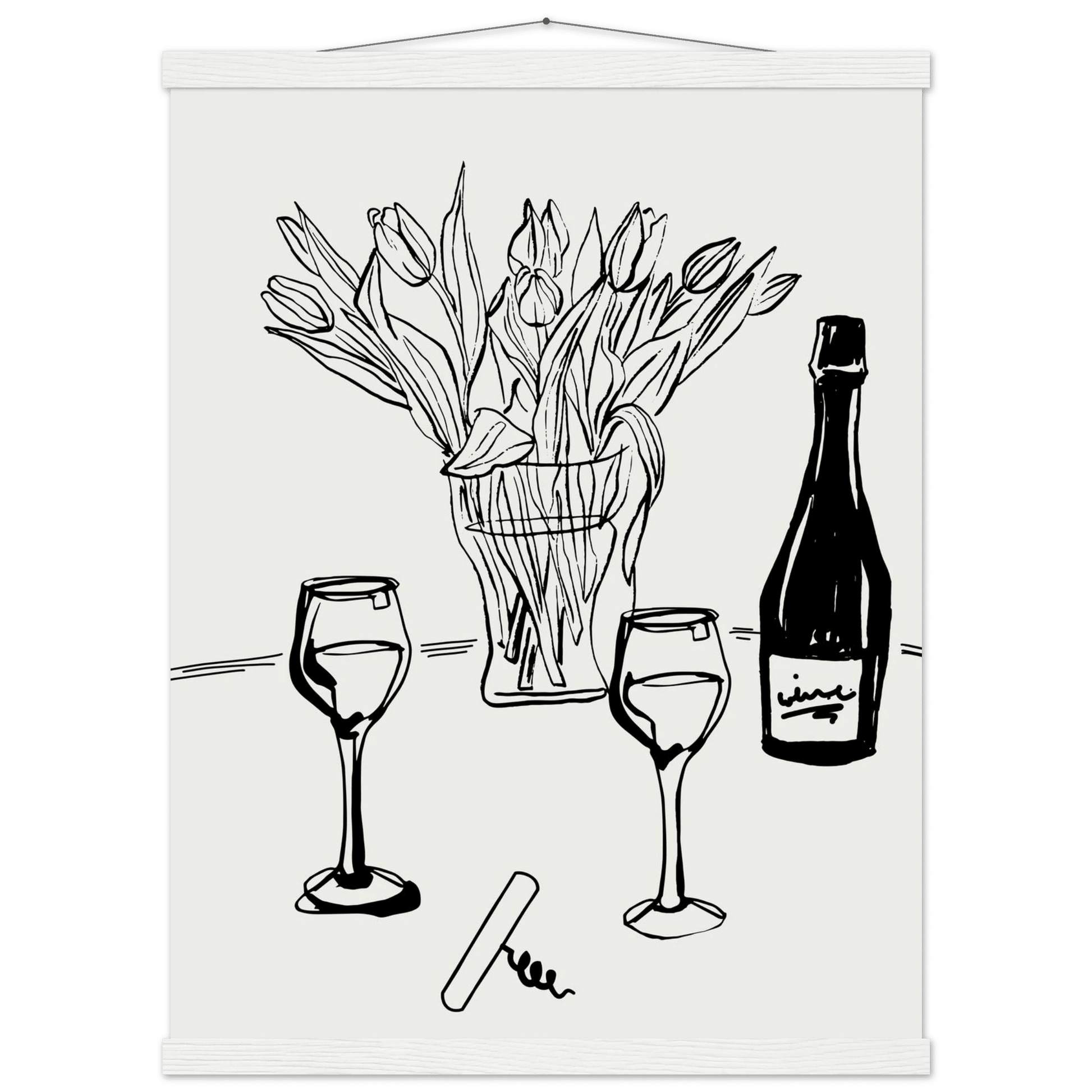 Wine & Tulips Print | Black Line Art Wine Bottle Wall Art | Minimalist Kitchen Poster - Evergreen Posters