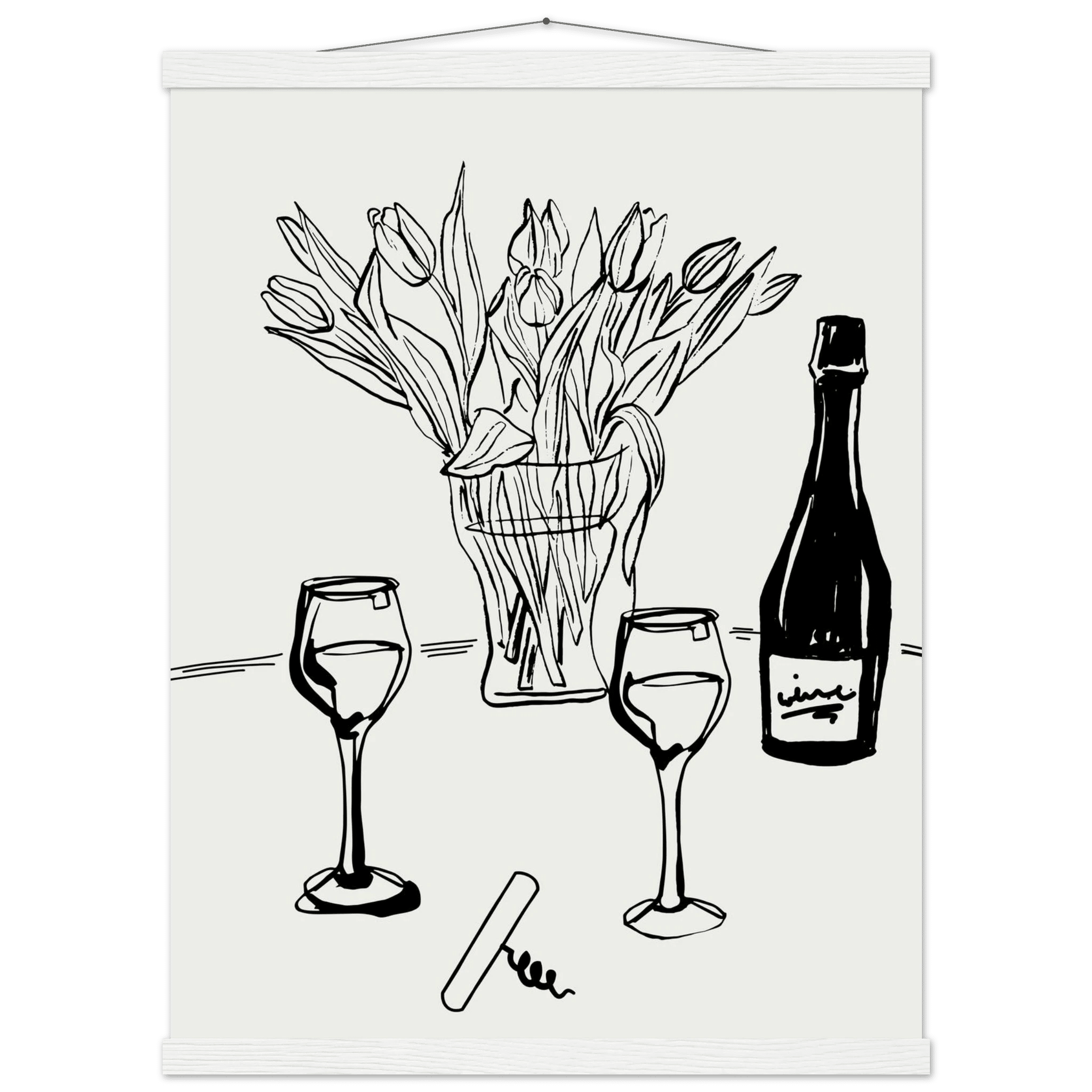Wine & Tulips Print | Black Line Art Wine Bottle Wall Art | Minimalist Kitchen Poster - Evergreen Posters