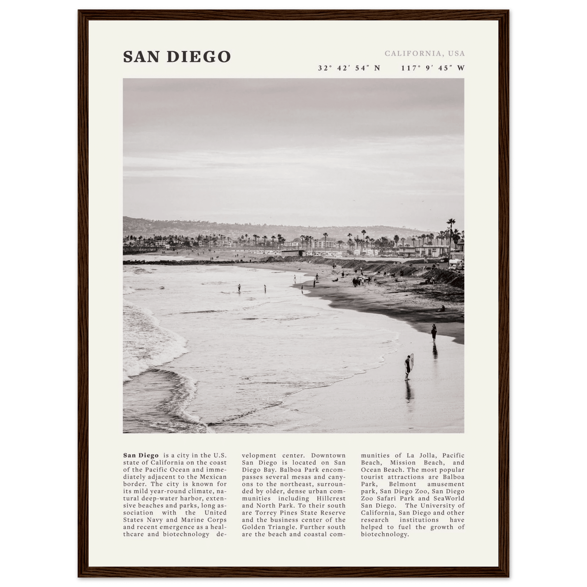San Diego Poster | Black & White California Beach Wall Art | Coastal Travel Print Decor - Evergreen Posters