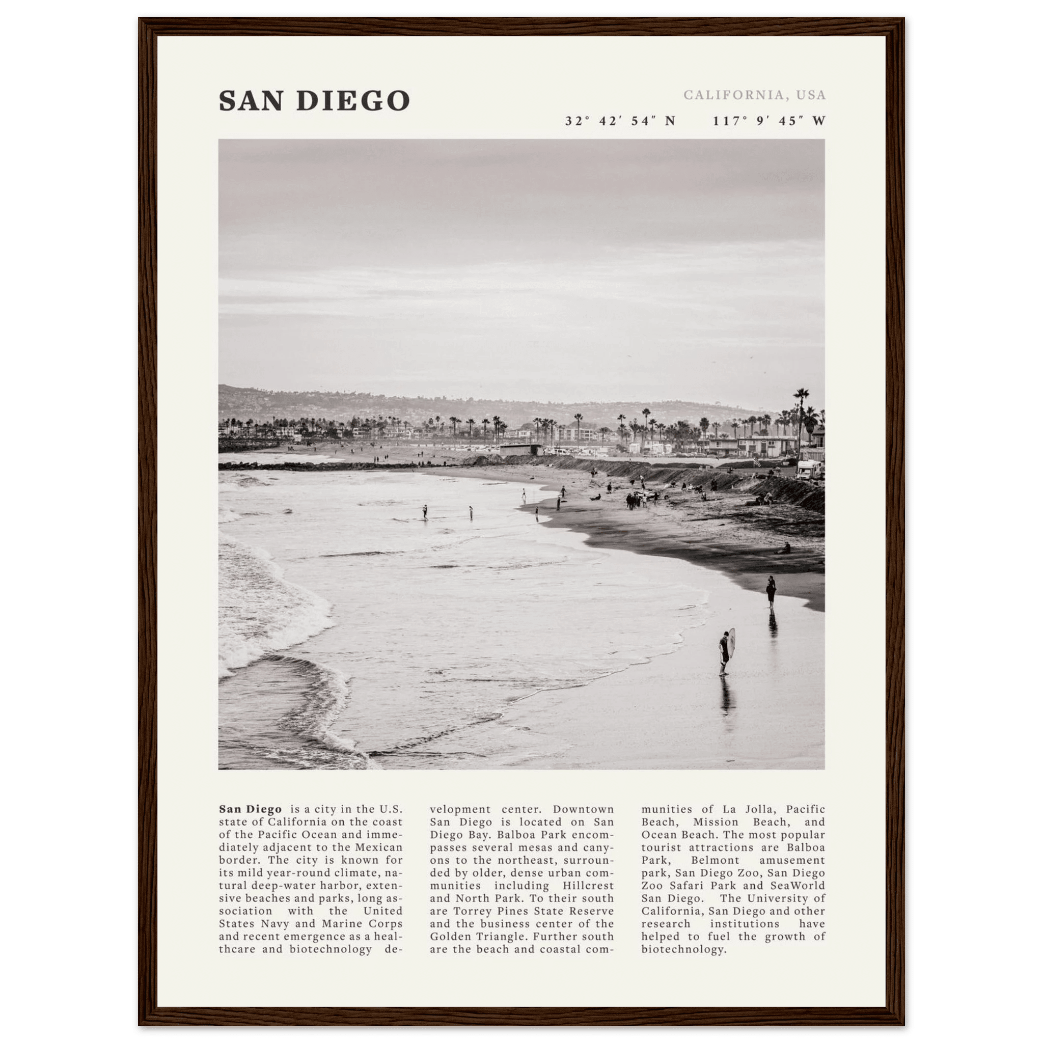 San Diego Poster | Black & White California Beach Wall Art | Coastal Travel Print Decor - Evergreen Posters