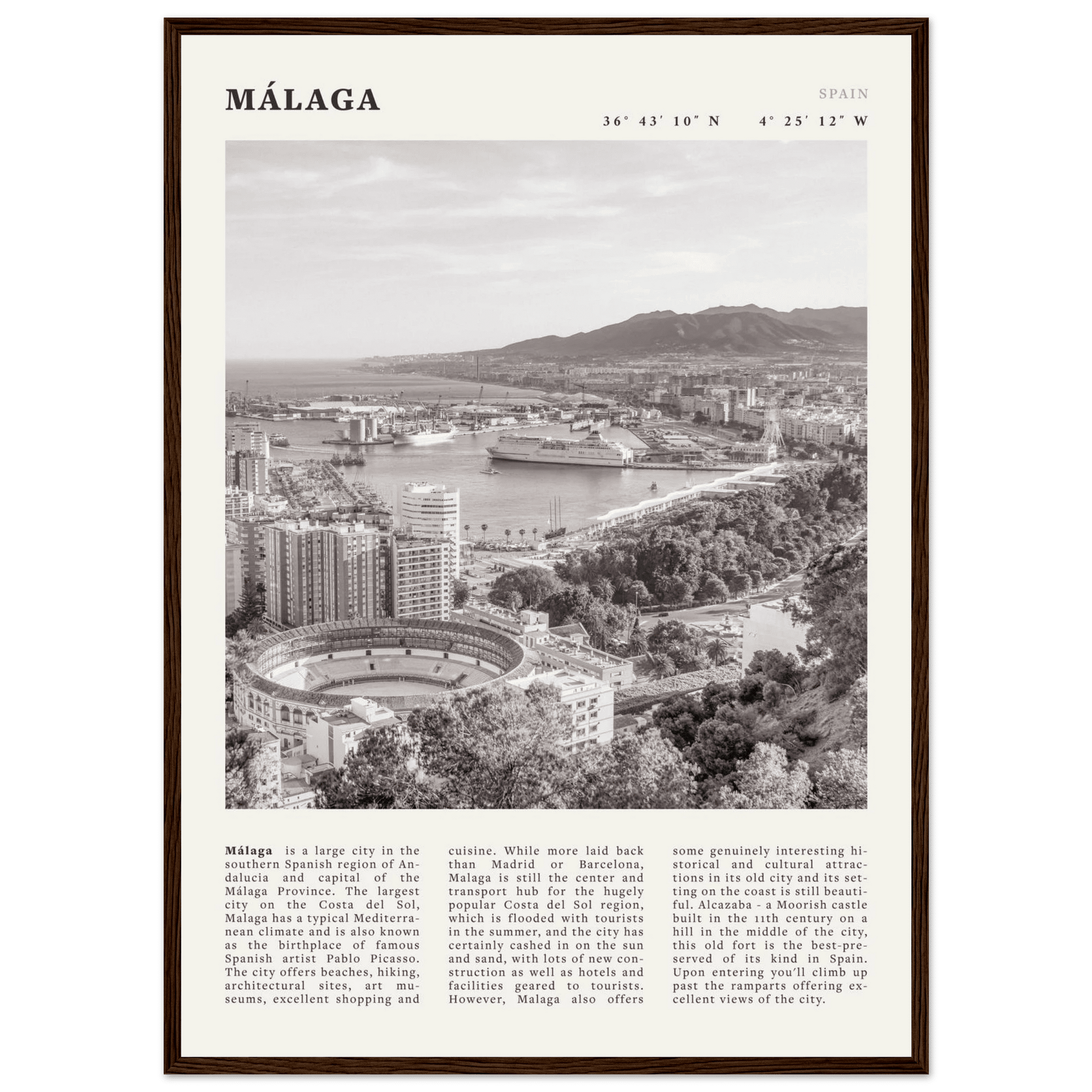 Málaga Poster | Black & White Costa del Sol Wall Art | Spain Travel Print - Evergreen Posters