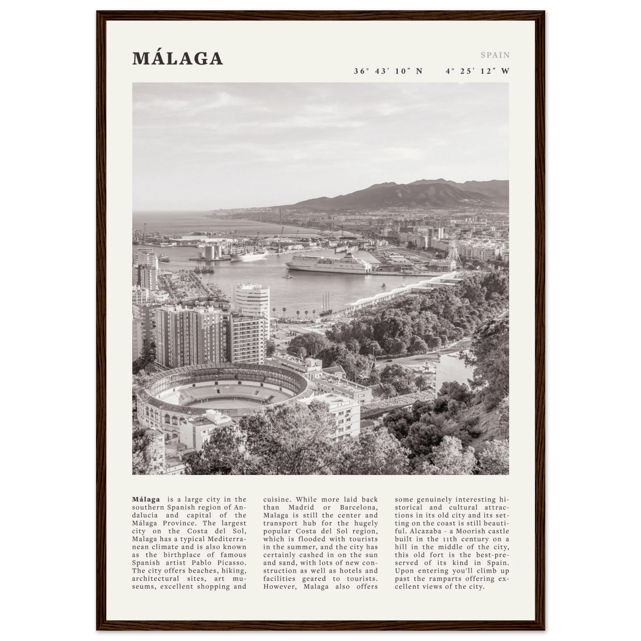 Málaga Poster | Black & White Costa del Sol Wall Art | Spain Travel Print - Evergreen Posters