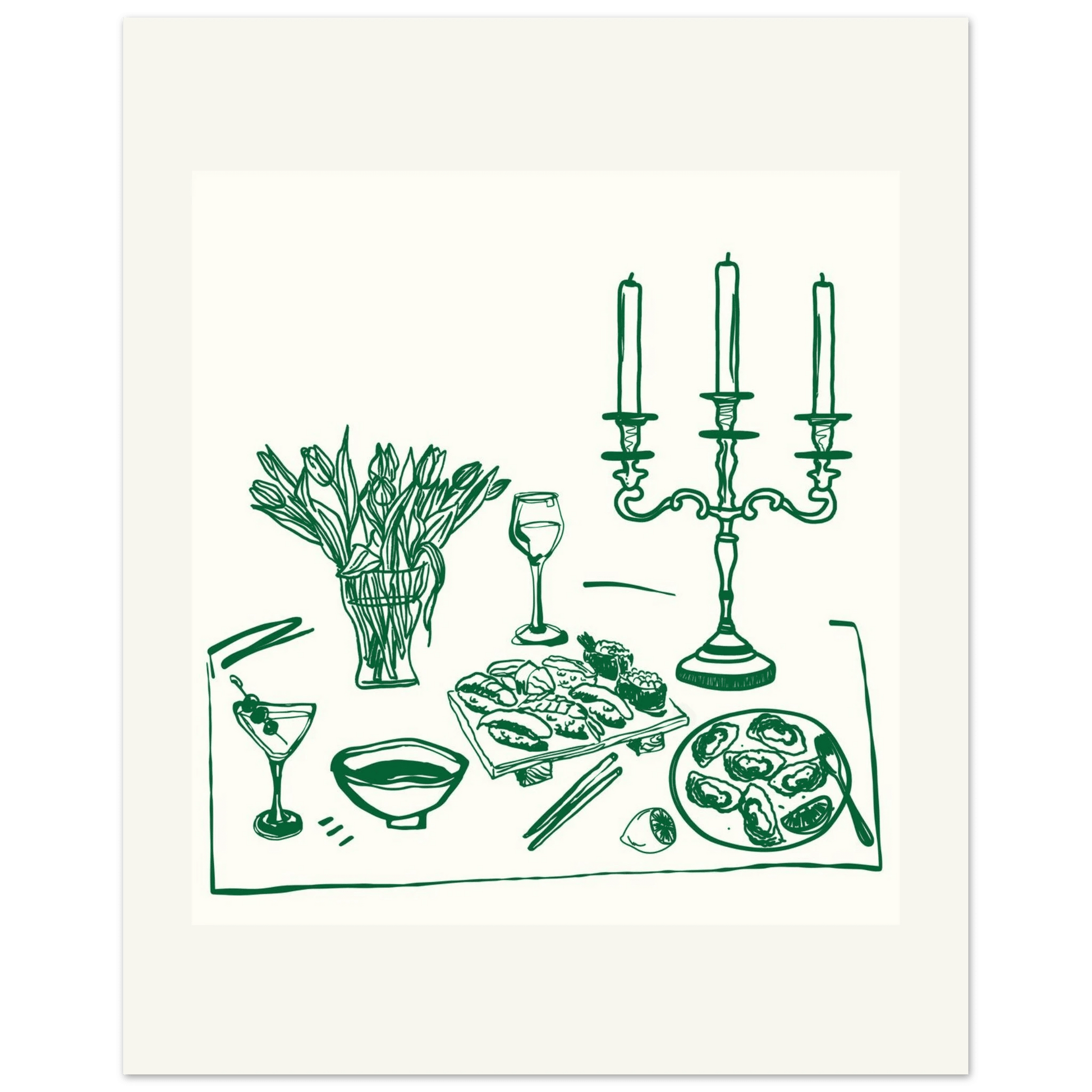 Fine Dining Table Print | Green Line Art Kitchen Wall Art | Elegant Dining Room Poster - Evergreen Posters
