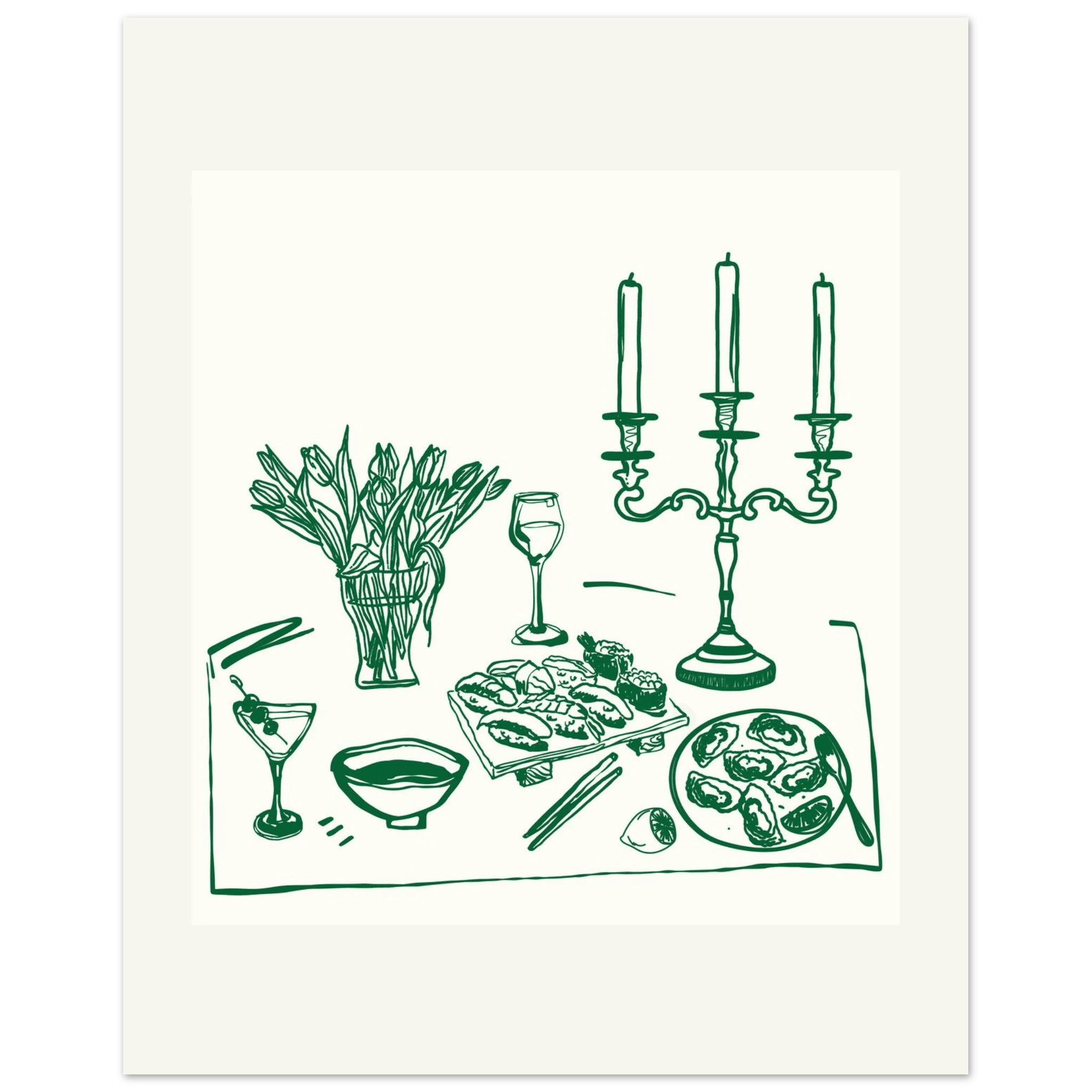 Fine Dining Table Print | Green Line Art Kitchen Wall Art | Elegant Dining Room Poster - Evergreen Posters