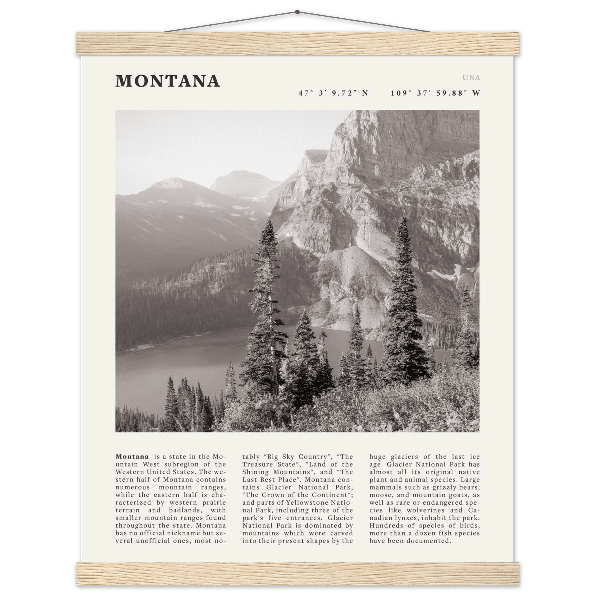 Montana Poster | Black & White Glacier National Park Wall Art | Nature Travel Print - Evergreen Posters