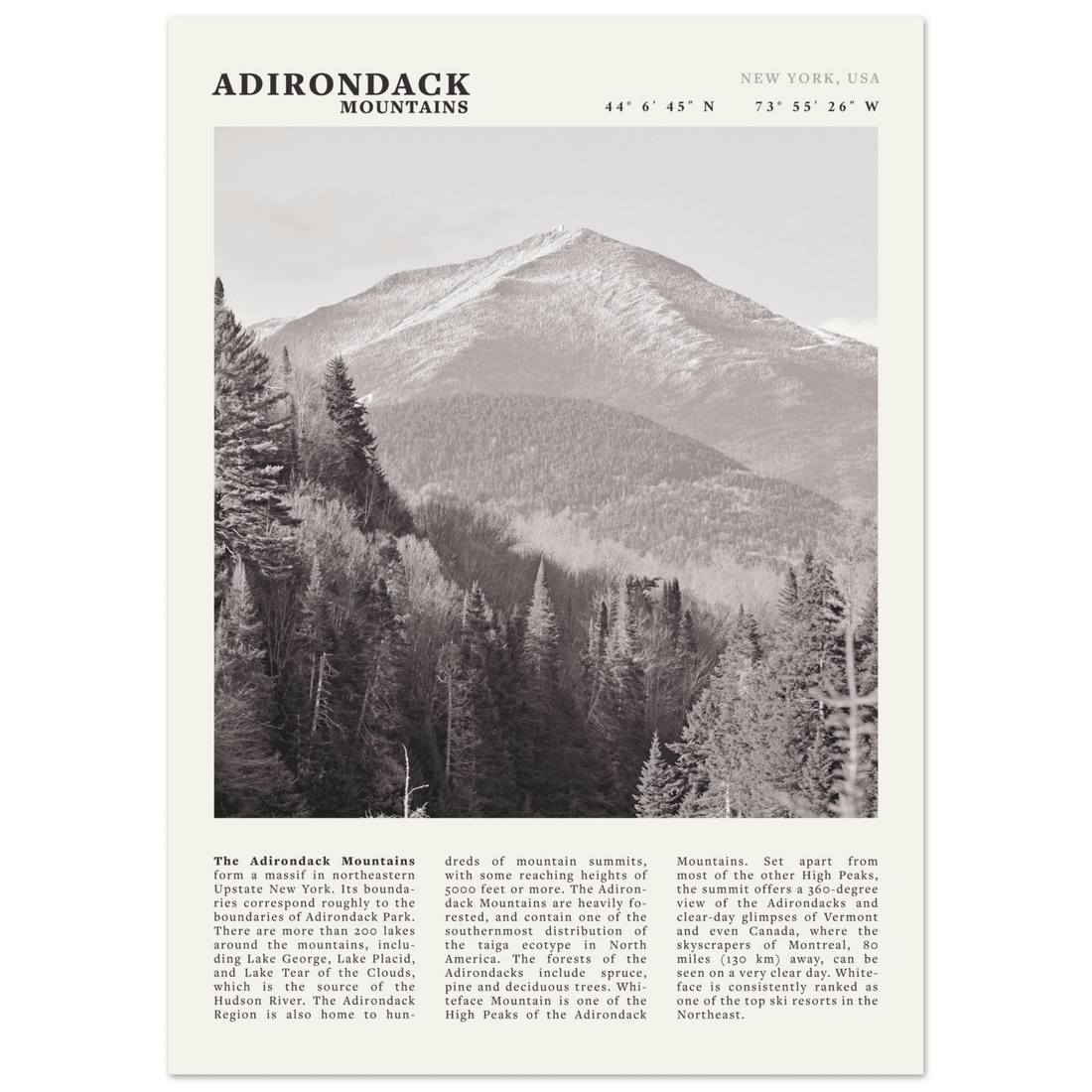 Adirondack Mountains Poster | Black & White New York Nature Wall Art | Hiking Print - Evergreen Posters
