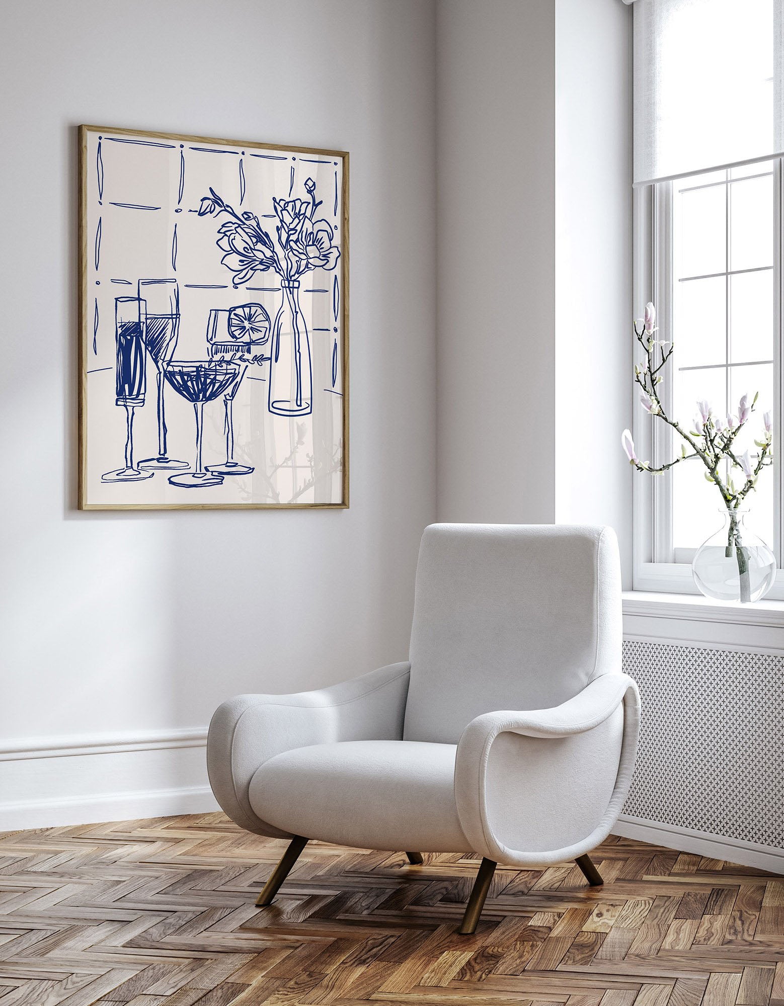 Cocktails & Flowers Print | Navy Blue Line Art Drinks Wall Art | Kitchen Bar Poster - Evergreen Posters