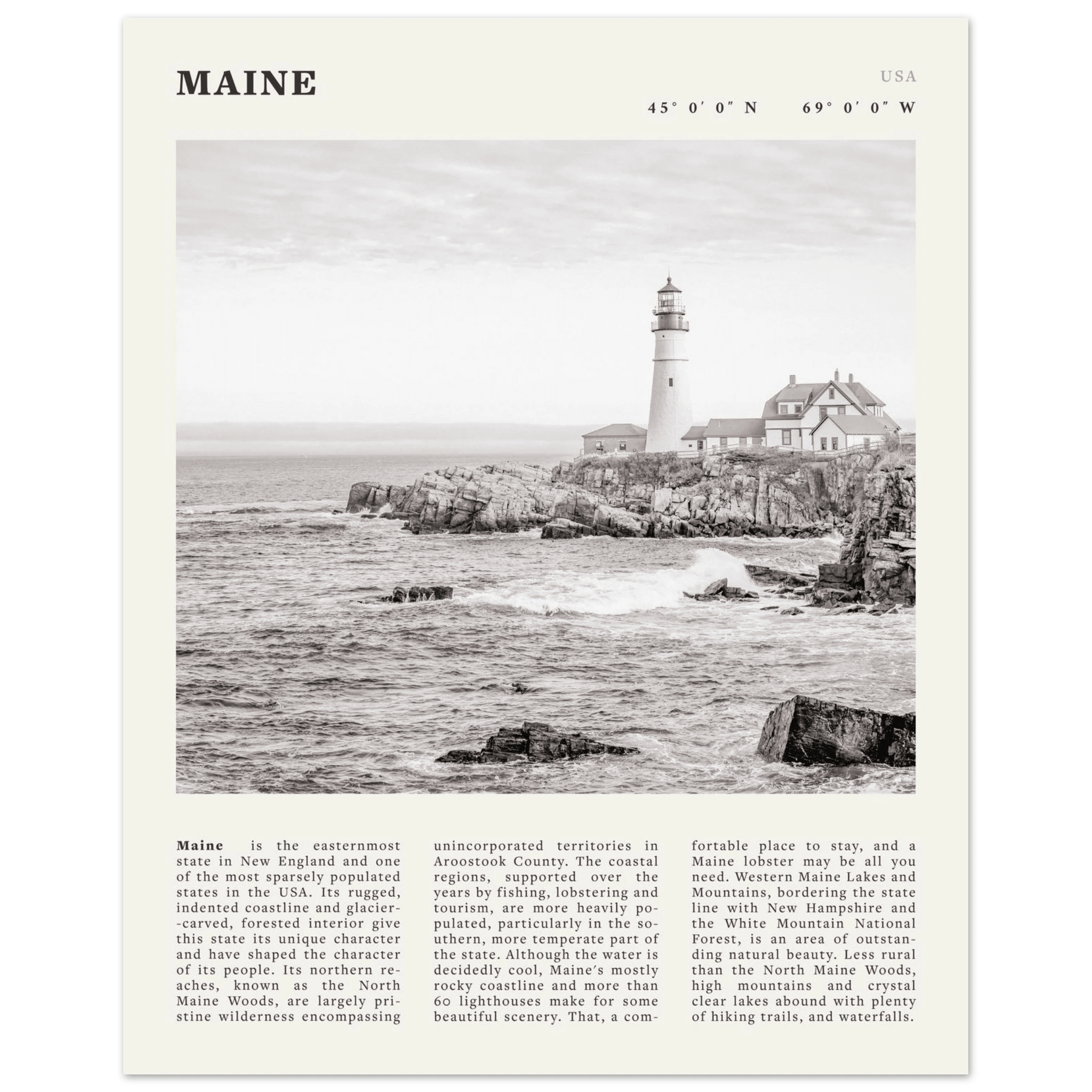 Maine Poster | Black & White Lighthouse Wall Art | New England Coastal Travel Print - Evergreen Posters