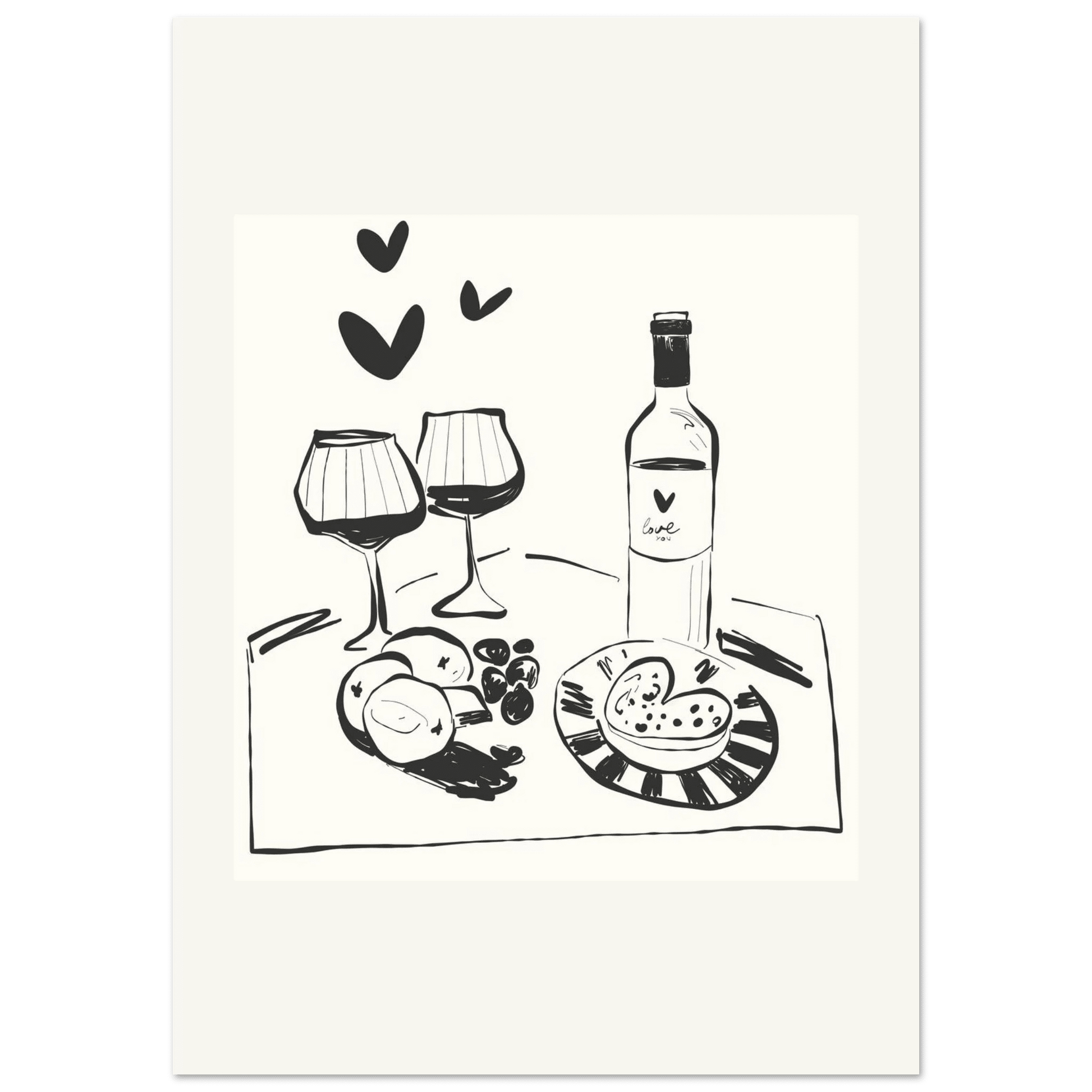 Wine for Two Print | Black Line Art Romantic Kitchen Wall Art | Couples Poster - Evergreen Posters
