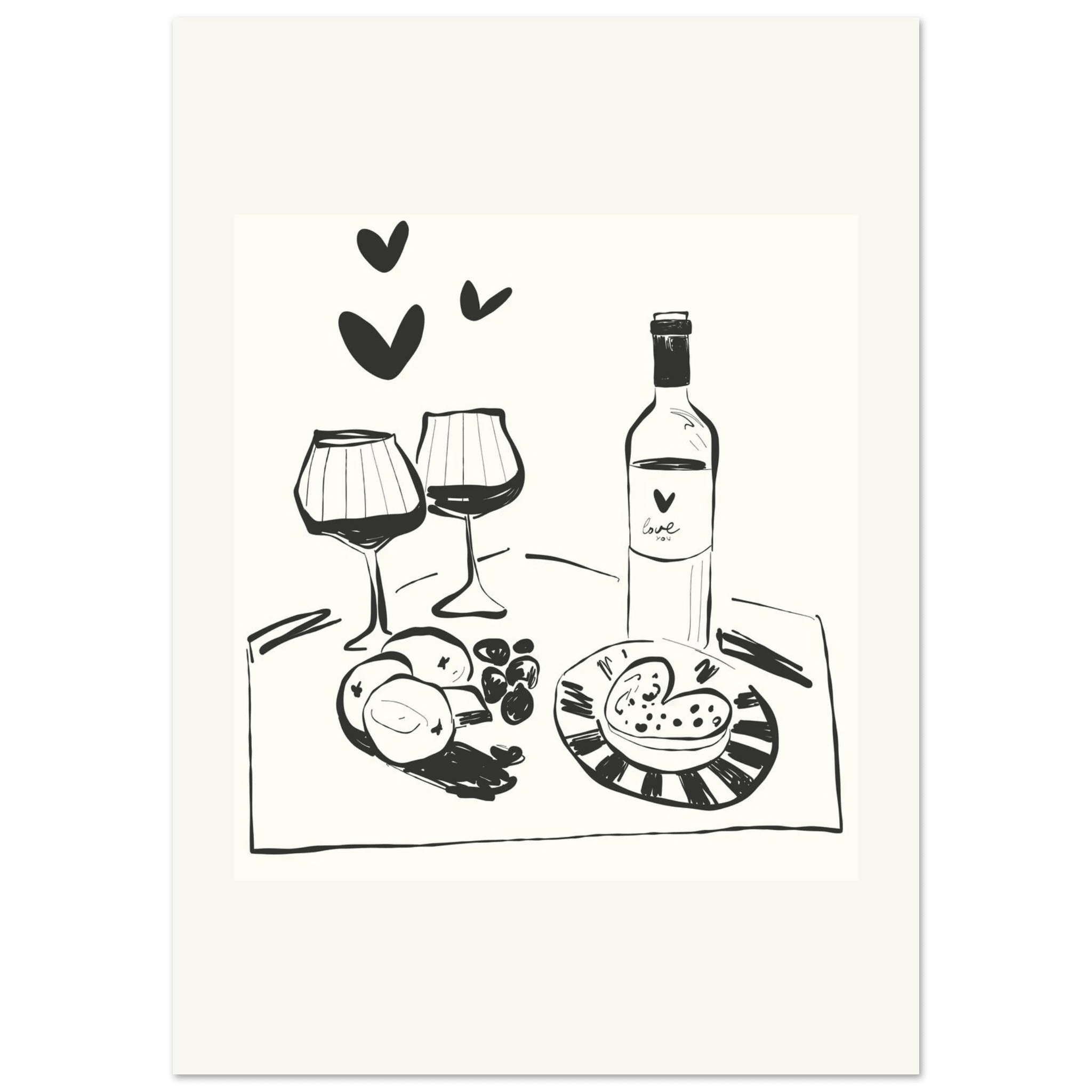Wine for Two Print | Black Line Art Romantic Kitchen Wall Art | Couples Poster - Evergreen Posters