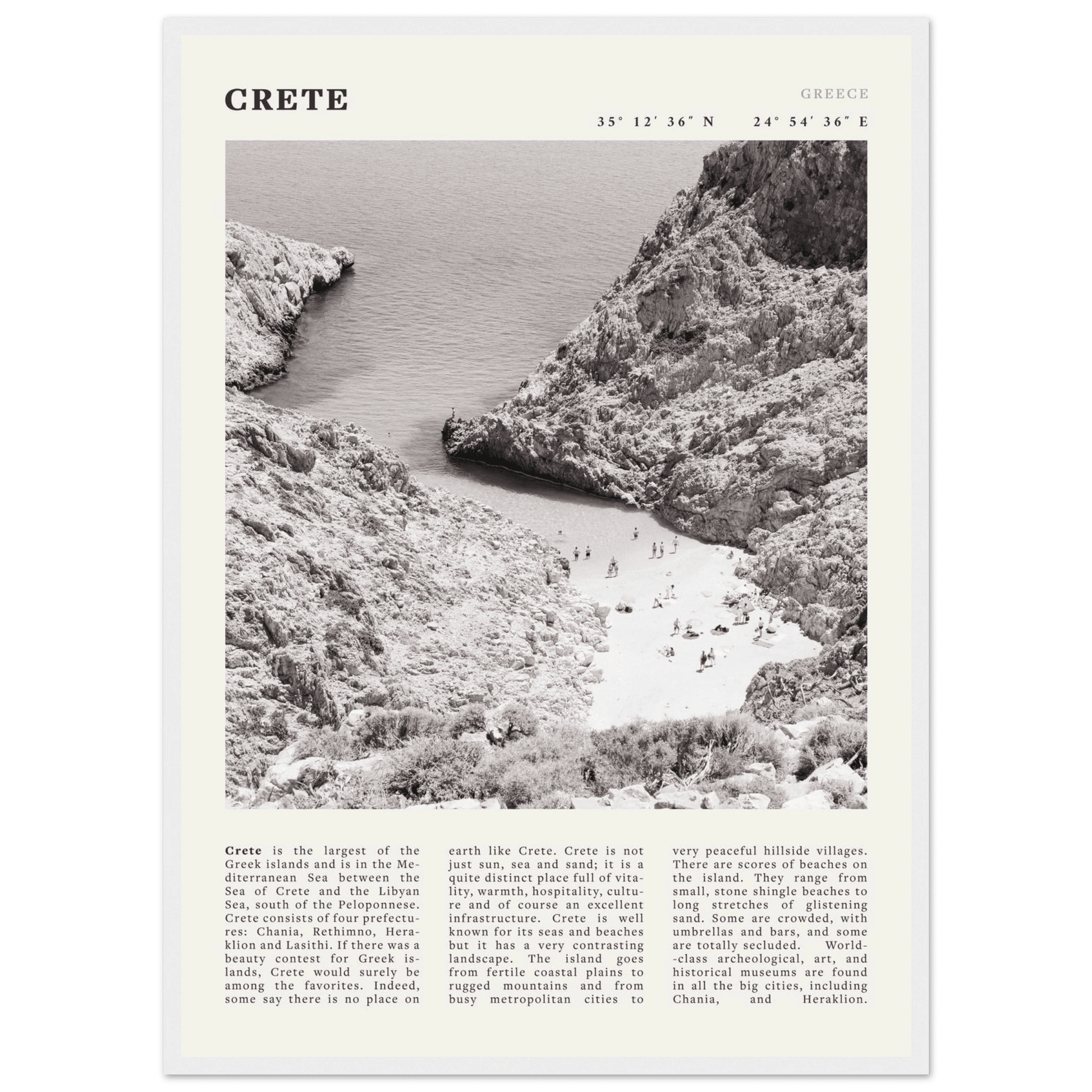 Crete Poster | Black & White Greece Beach Wall Art | Mediterranean Travel Print - Evergreen Posters