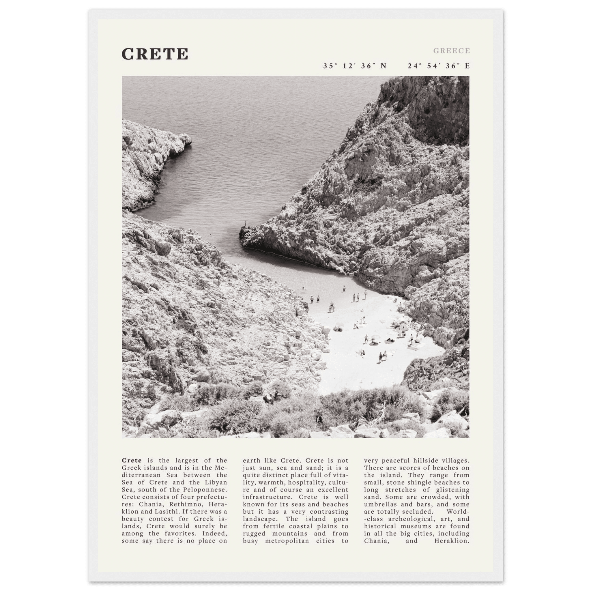 Crete Poster | Black & White Greece Beach Wall Art | Mediterranean Travel Print - Evergreen Posters