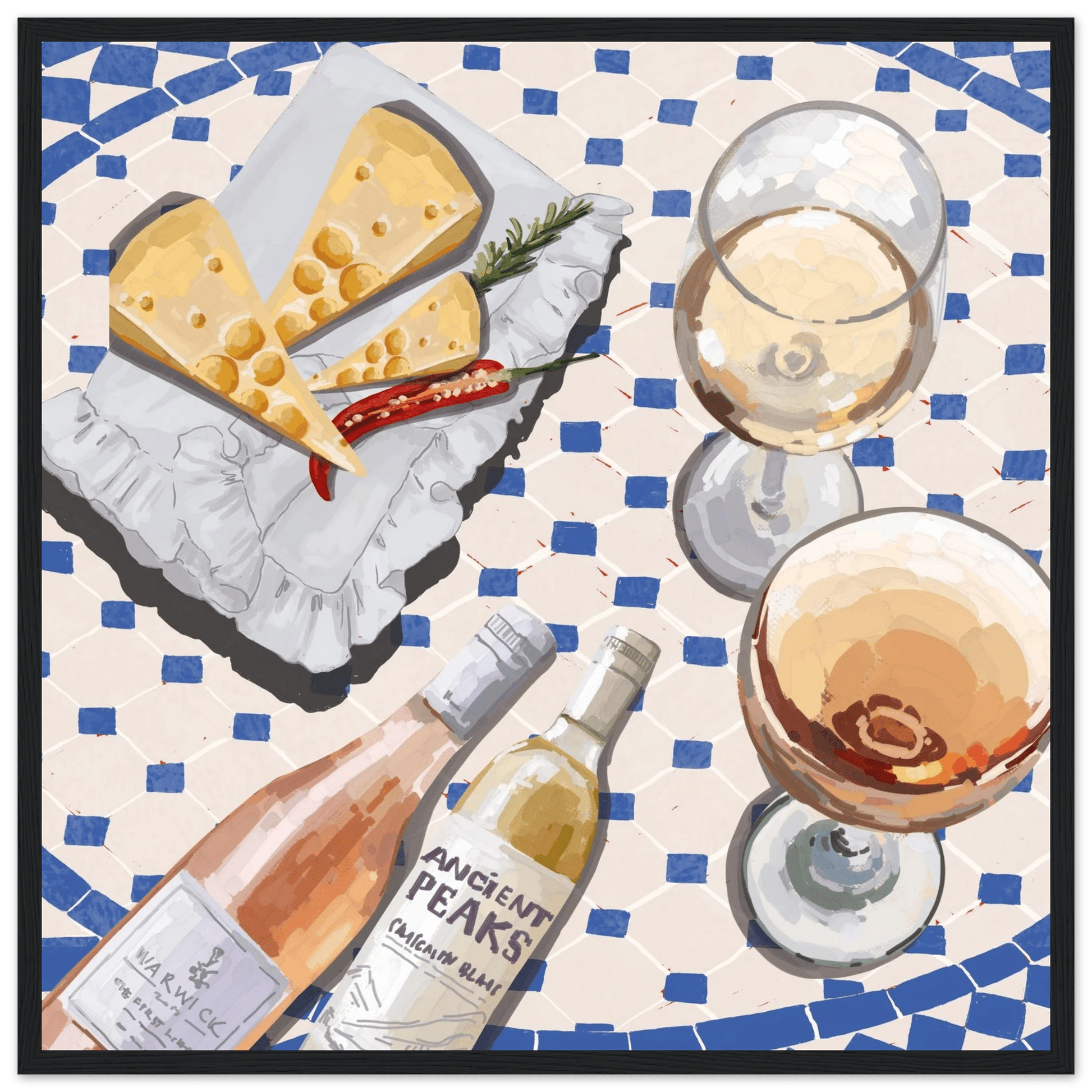 Wine & Cheese Poster | Food Wall Art | Blue Tile Square Kitchen Print - Evergreen Posters - 18