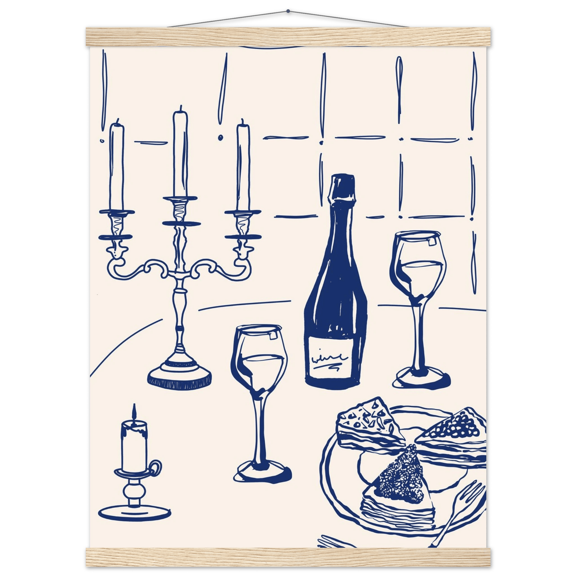 Candlelight Dinner Print | Navy Blue Wine & Candelabra Line Art | Kitchen Poster - Evergreen Posters