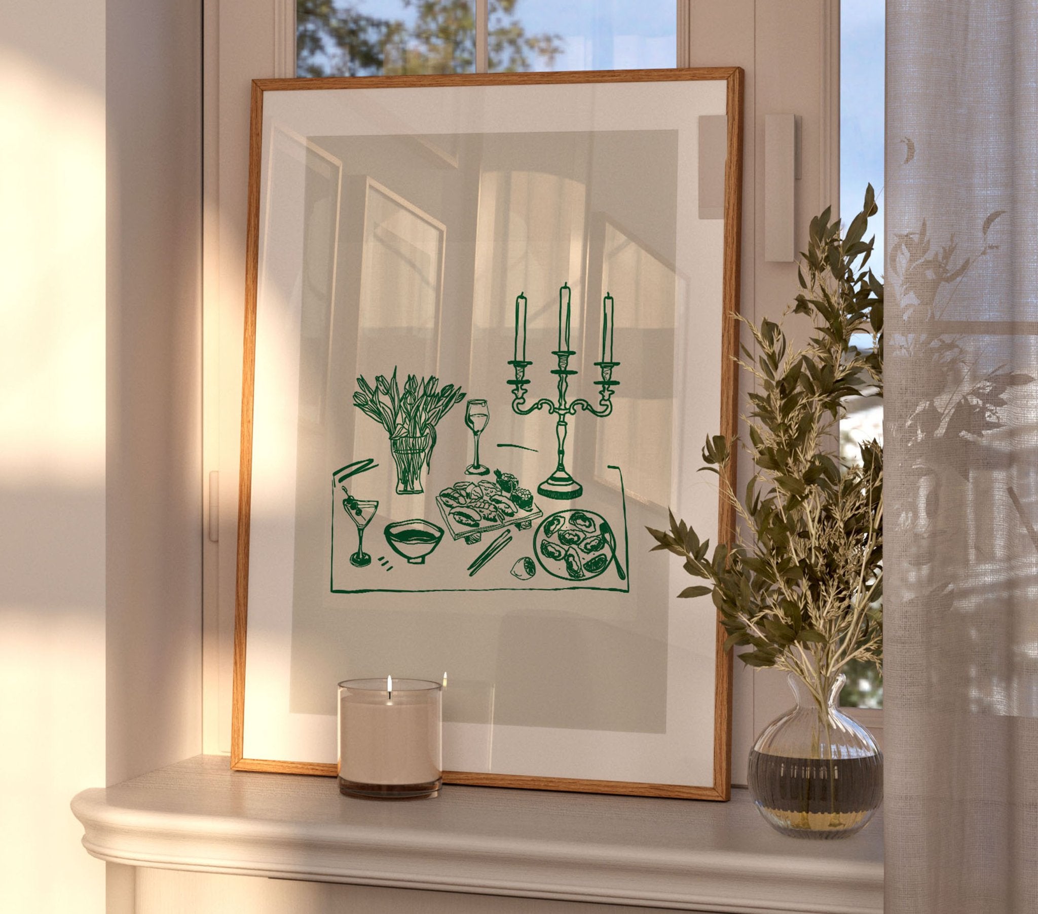 Fine Dining Table Print | Green Line Art Kitchen Wall Art | Elegant Dining Room Poster - Evergreen Posters