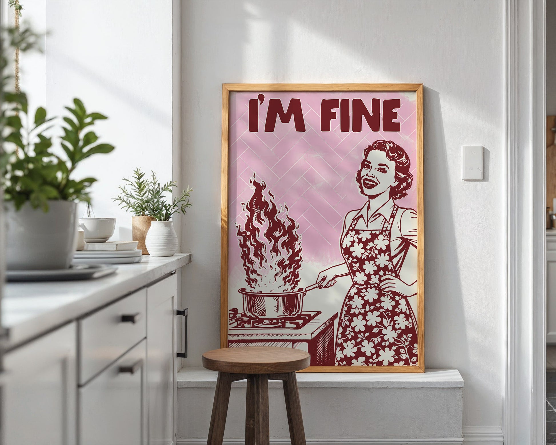 I'm Fine Poster – Funny Retro Pink Kitchen Wall Art Print (Digital & Printed Options) - Evergreen Posters