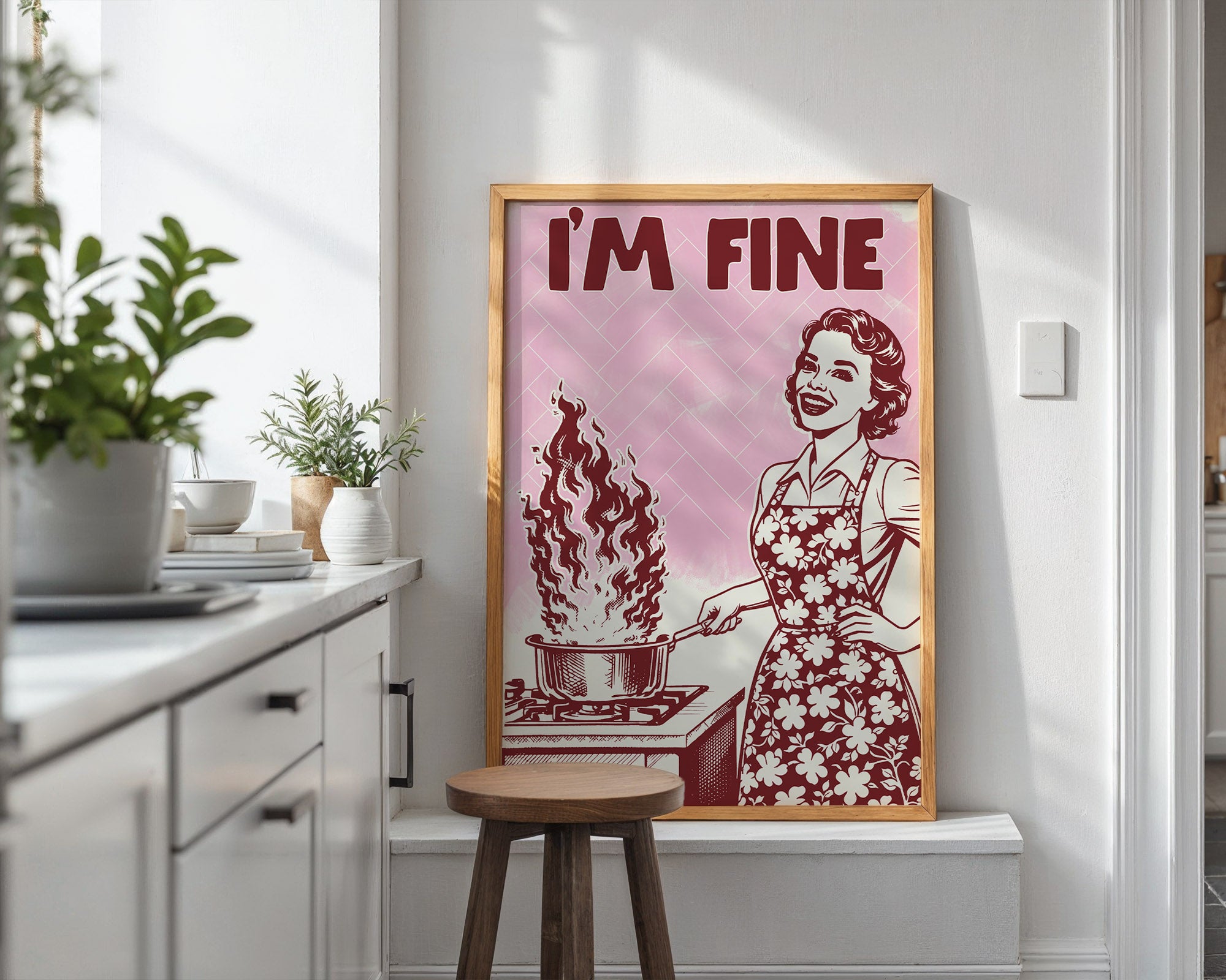 I'm Fine Poster – Funny Retro Pink Kitchen Wall Art Print (Digital & Printed Options) - Evergreen Posters