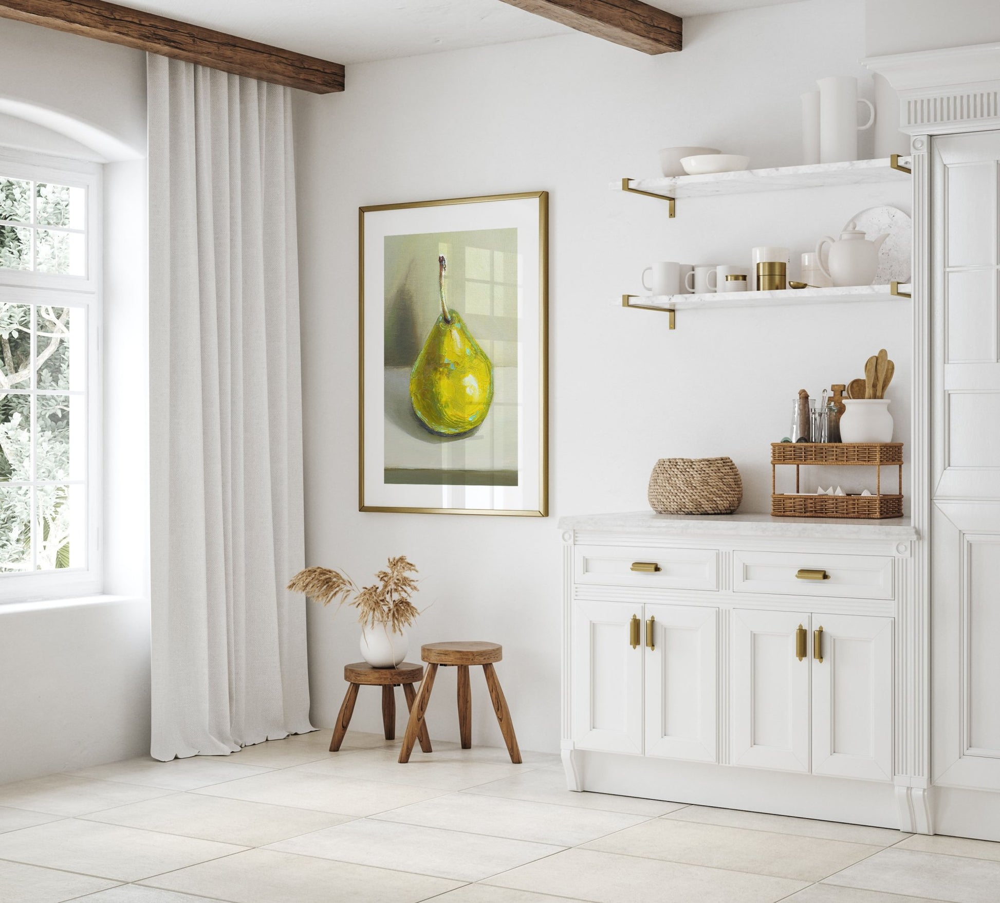Pear Print | Green Pear Oil Painting Wall Art | Kitchen Poster - Evergreen Posters