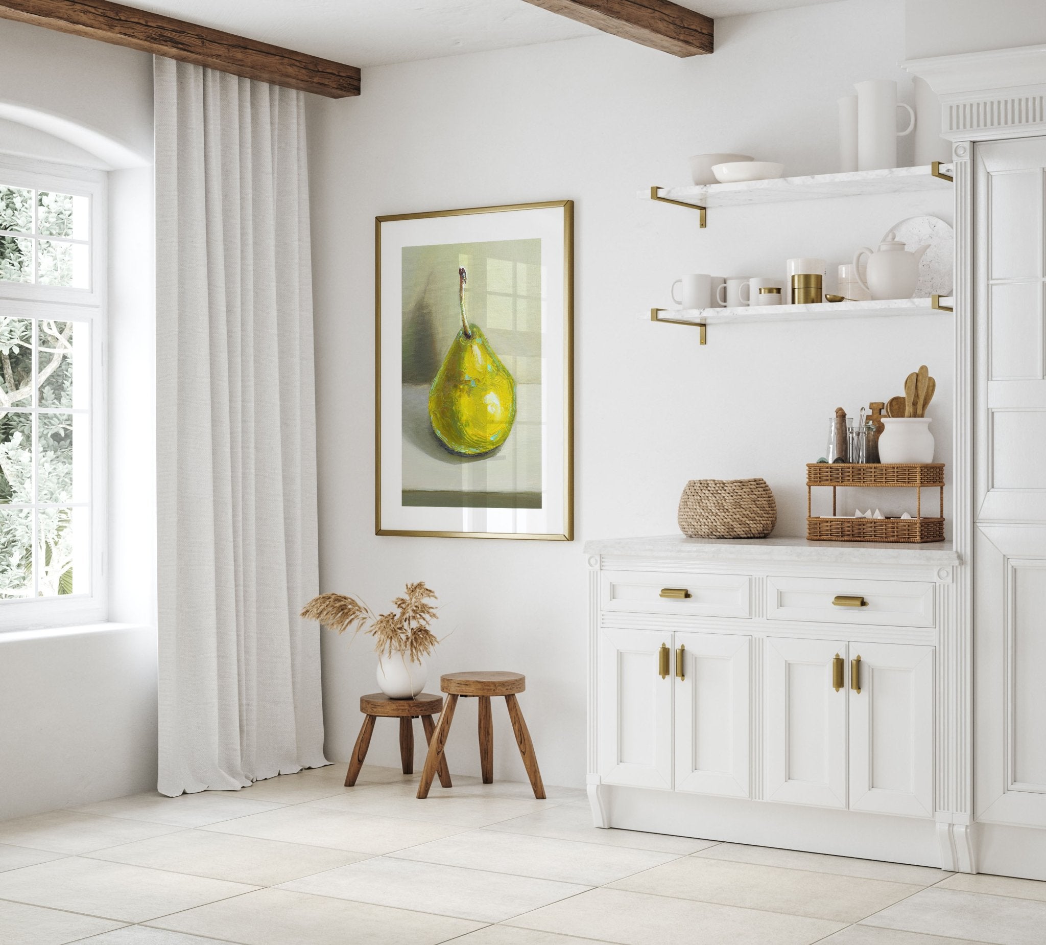 Pear Print | Green Pear Oil Painting Wall Art | Kitchen Poster - Evergreen Posters