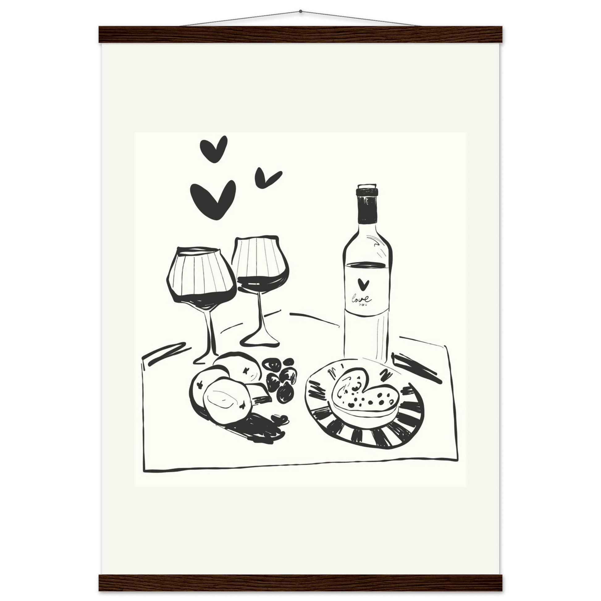 Wine for Two Print | Black Line Art Romantic Kitchen Wall Art | Couples Poster - Evergreen Posters