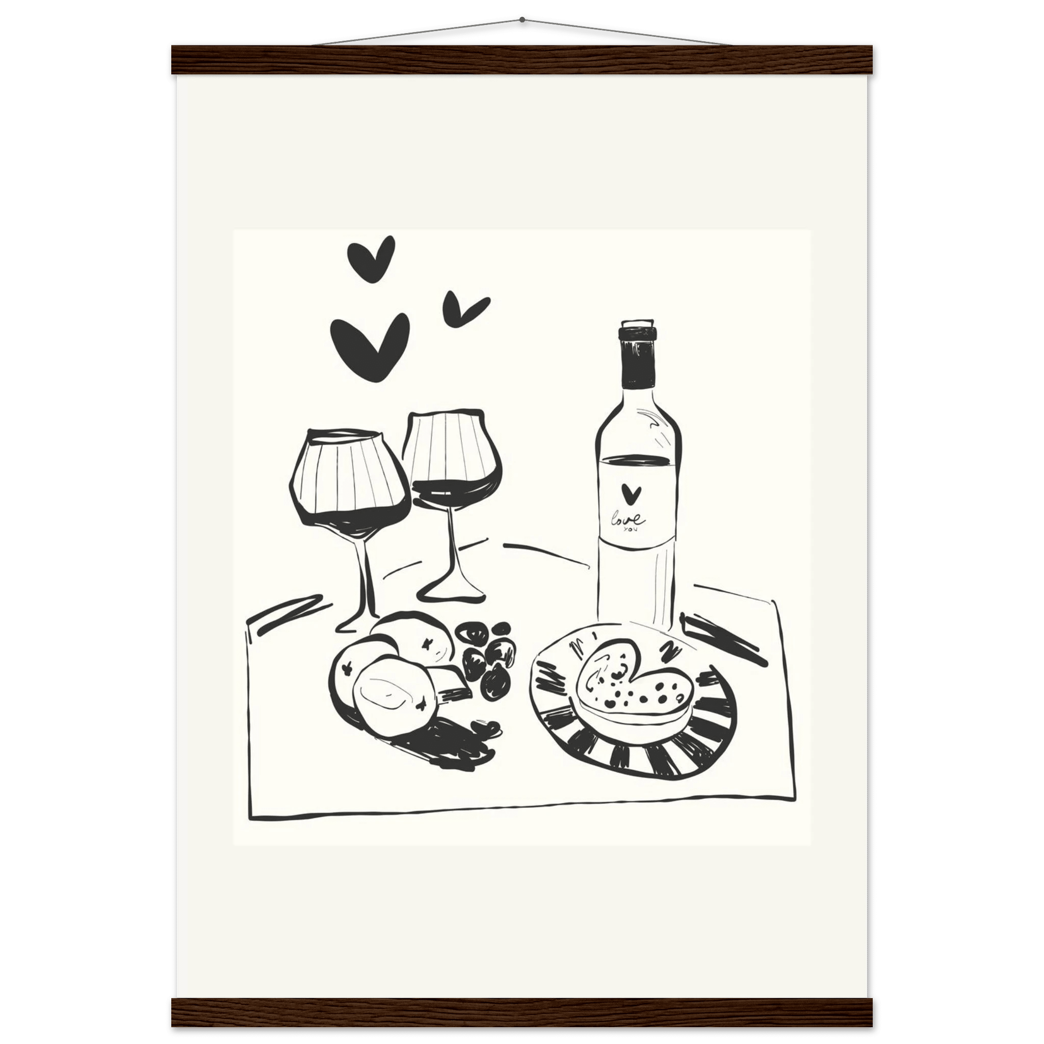 Wine for Two Print | Black Line Art Romantic Kitchen Wall Art | Couples Poster - Evergreen Posters