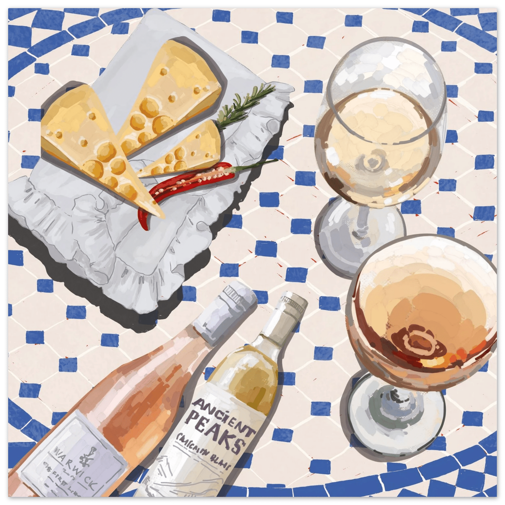 Wine & Cheese Poster | Food Wall Art | Blue Tile Square Kitchen Print - Evergreen Posters - 5