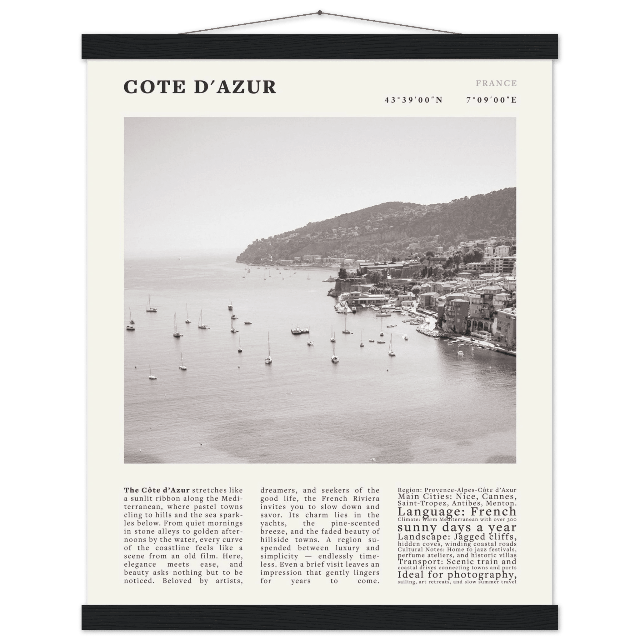 Côte d'Azur Poster Black and White – Vintage French Riviera Coast Print (Digital & Printed Options) - Evergreen Posters
