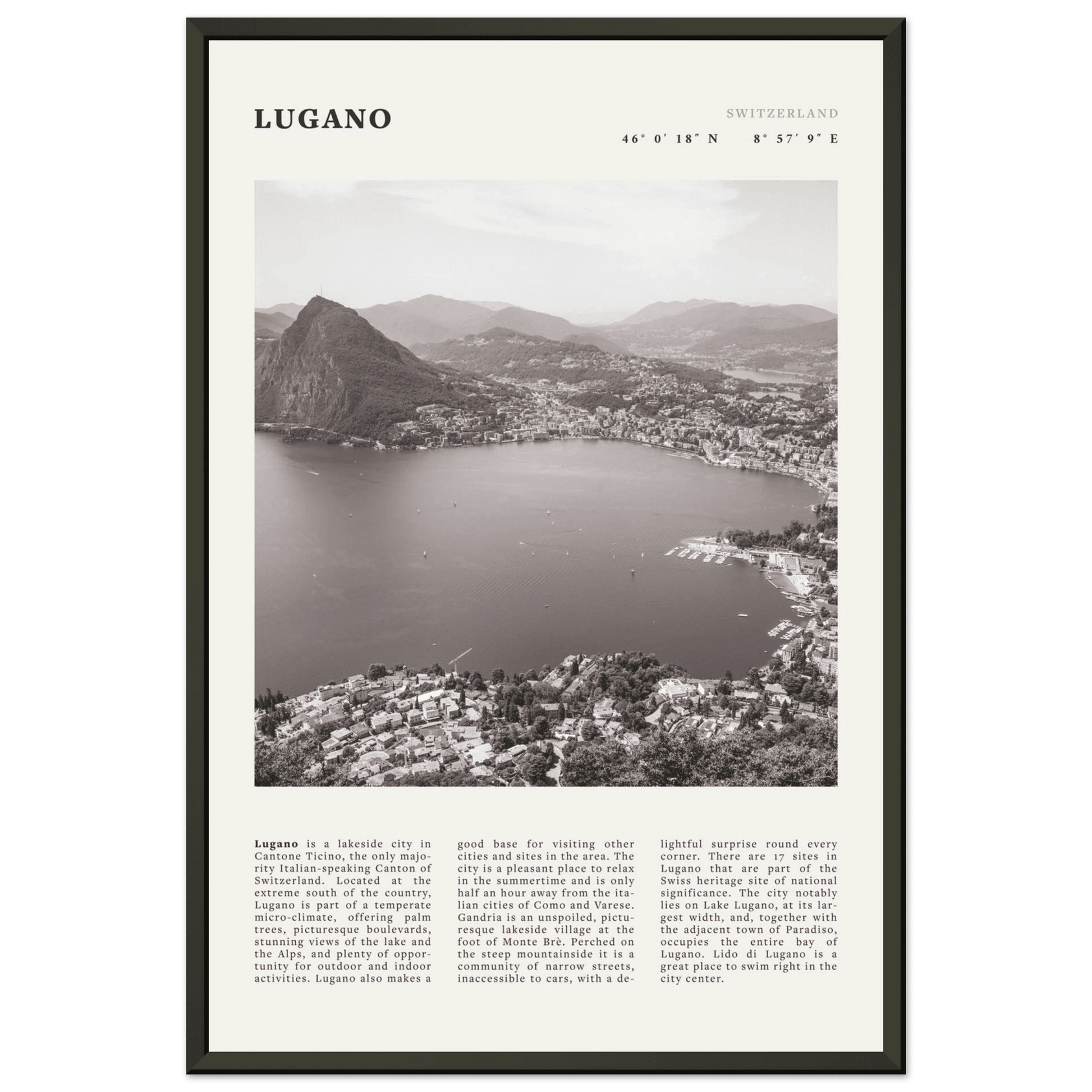 Lugano Poster | Black & White Swiss Lake Wall Art | Switzerland Travel Print - Evergreen Posters