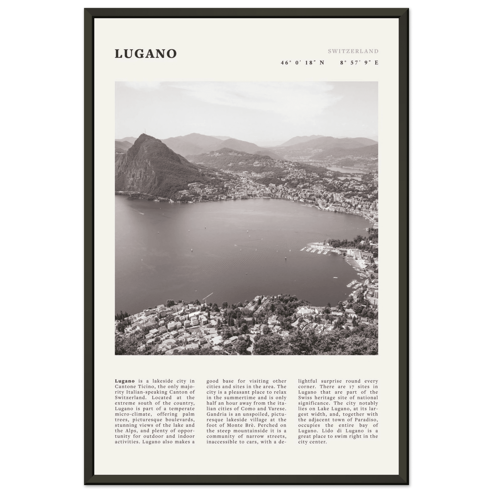 Lugano Poster | Black & White Swiss Lake Wall Art | Switzerland Travel Print - Evergreen Posters