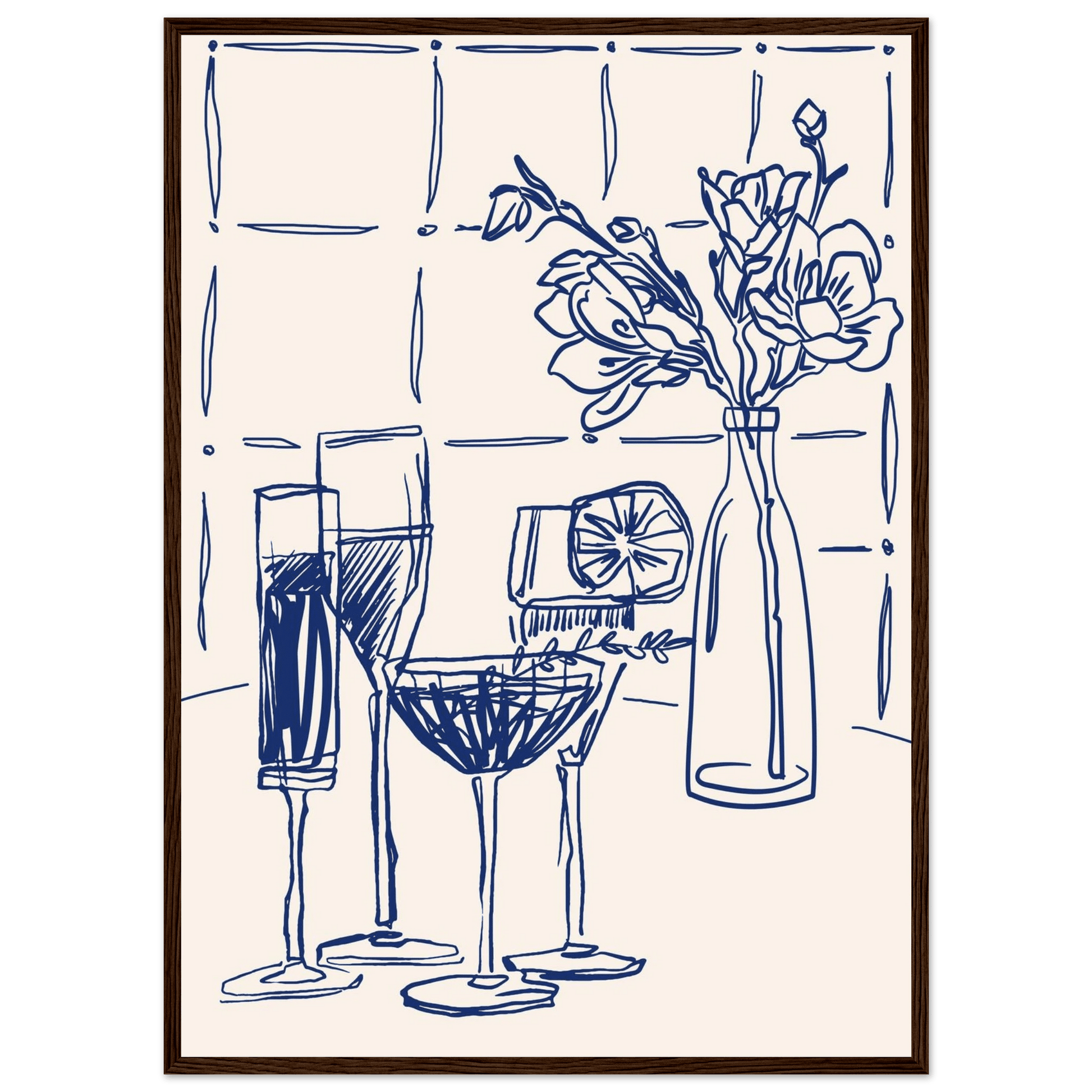 Cocktails & Flowers Print | Navy Blue Line Art Drinks Wall Art | Kitchen Bar Poster - Evergreen Posters