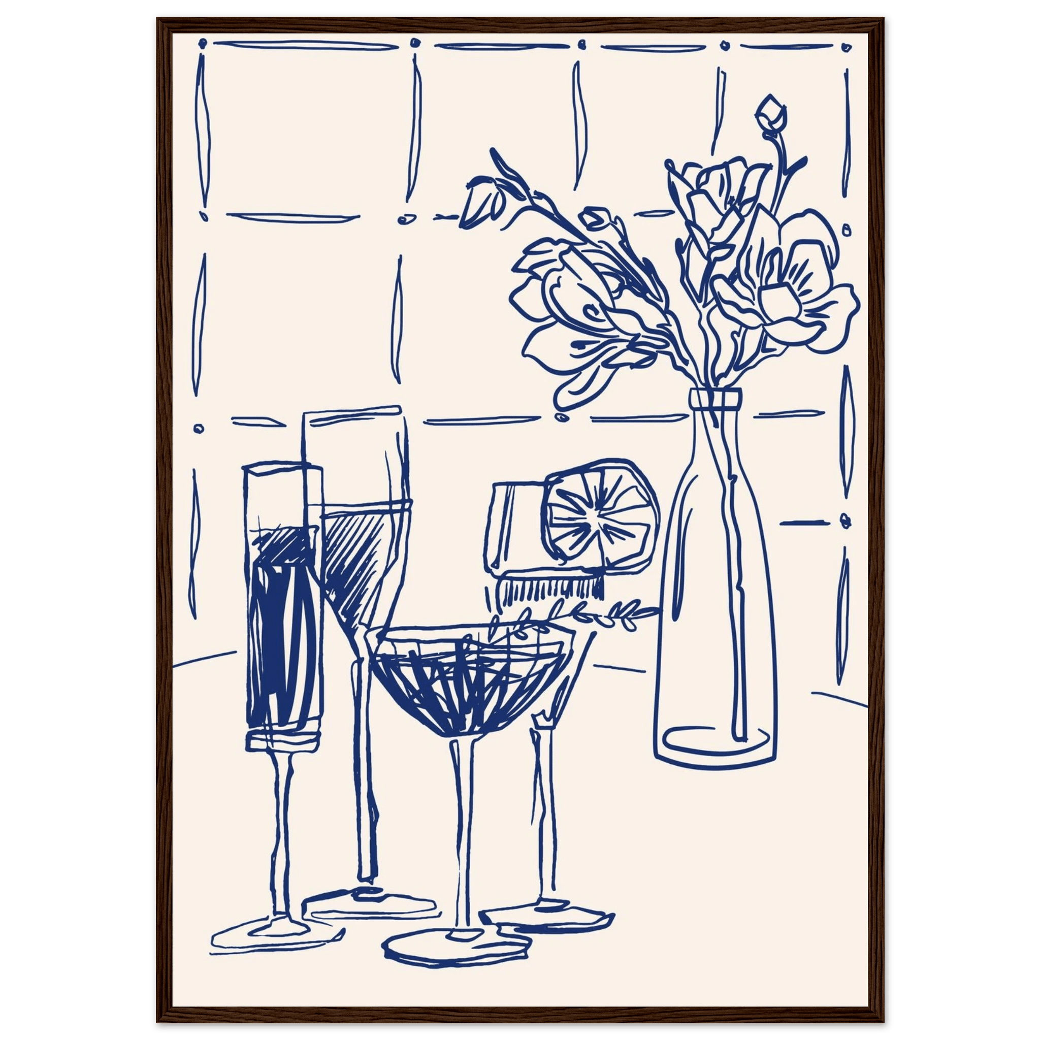 Cocktails & Flowers Print | Navy Blue Line Art Drinks Wall Art | Kitchen Bar Poster - Evergreen Posters