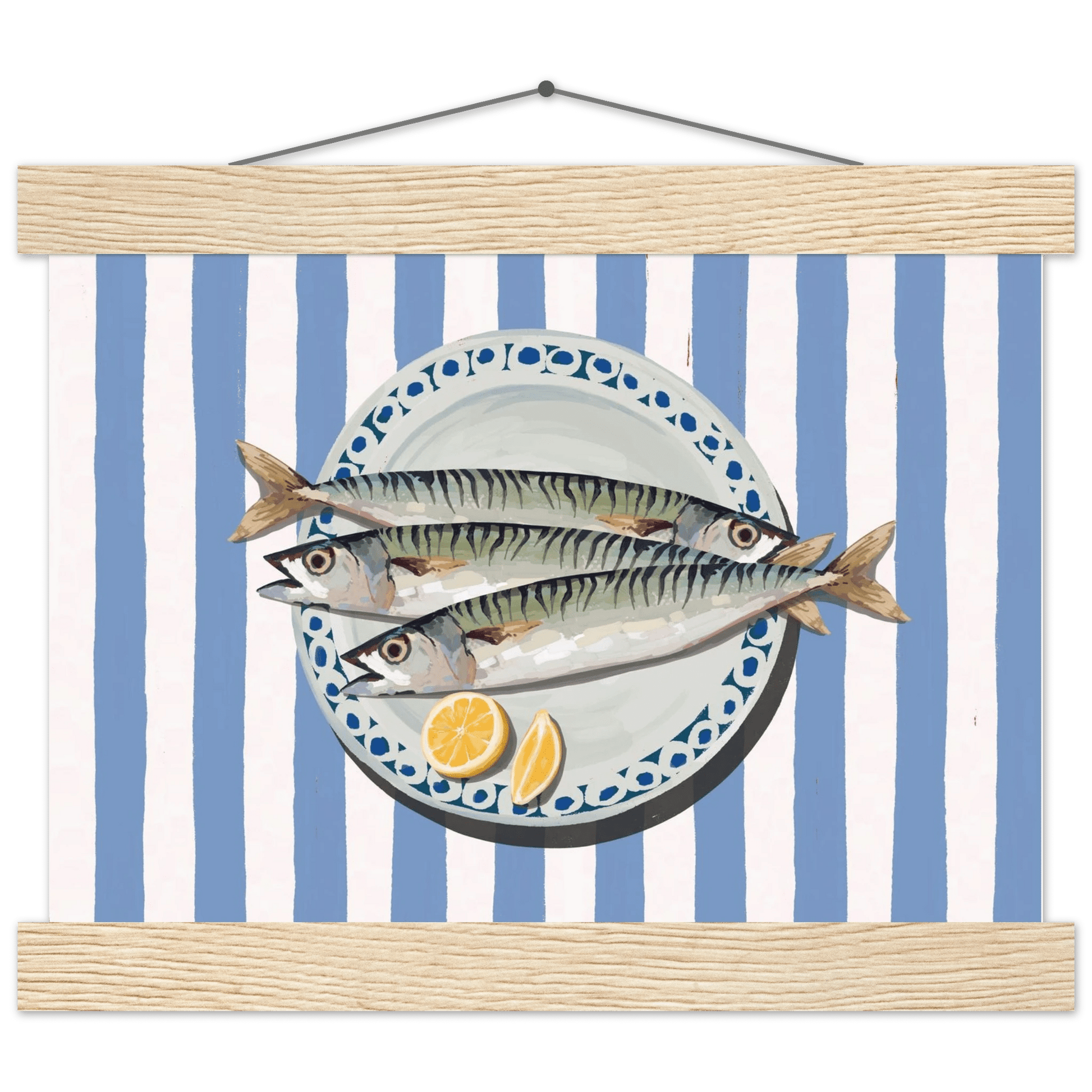 Sardines Print | Blue Stripe Fish Kitchen Wall Art | Coastal Food Poster - Evergreen Posters