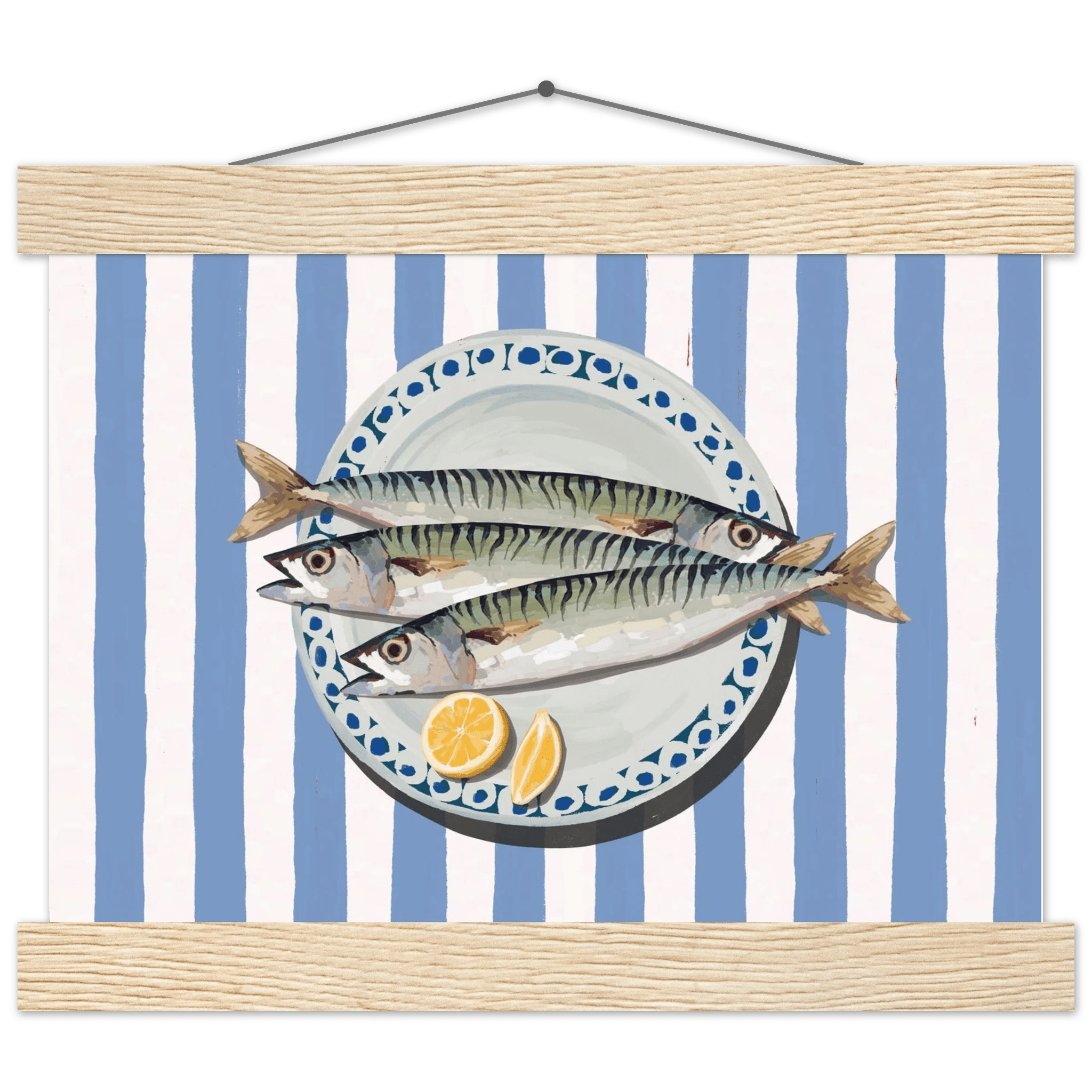 Sardines Print | Blue Stripe Fish Kitchen Wall Art | Coastal Food Poster - Evergreen Posters